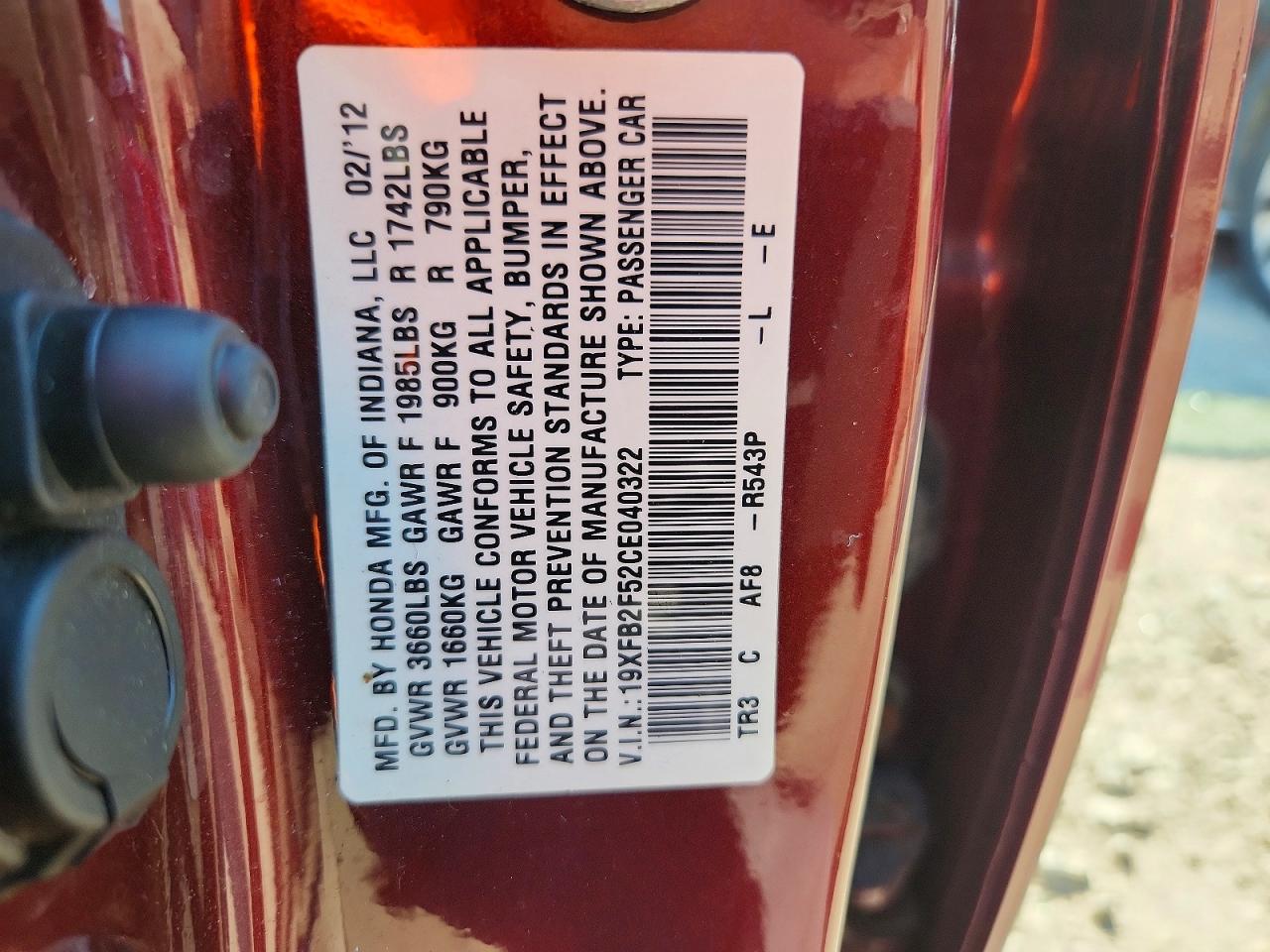 2012 Honda Civic Lx Red vin: 19XFB2F52CE040322
