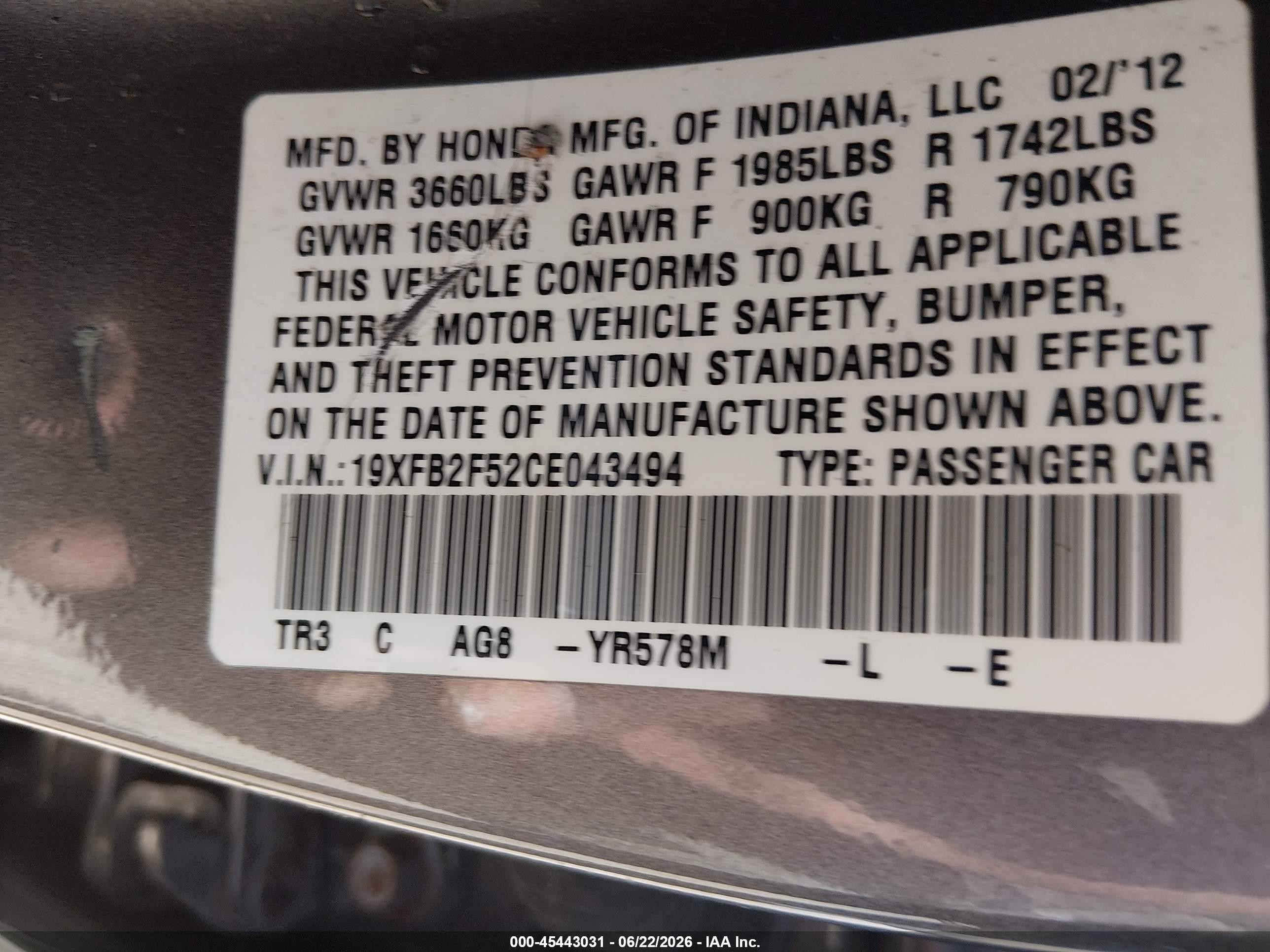 2012 Honda Civic Lx Gray vin: 19XFB2F52CE043494