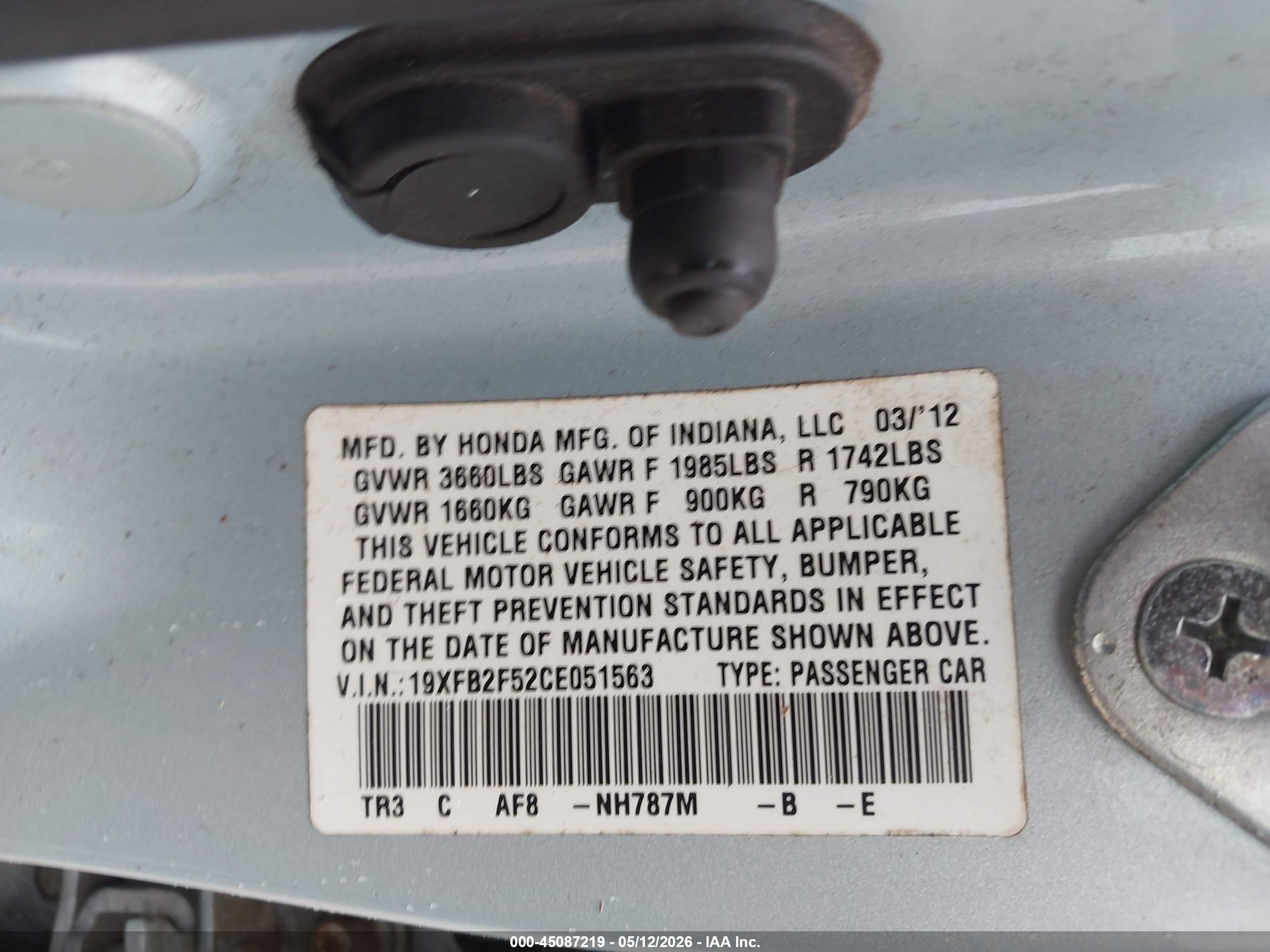 2012 Honda Civic Lx Light Blue vin: 19XFB2F52CE051563