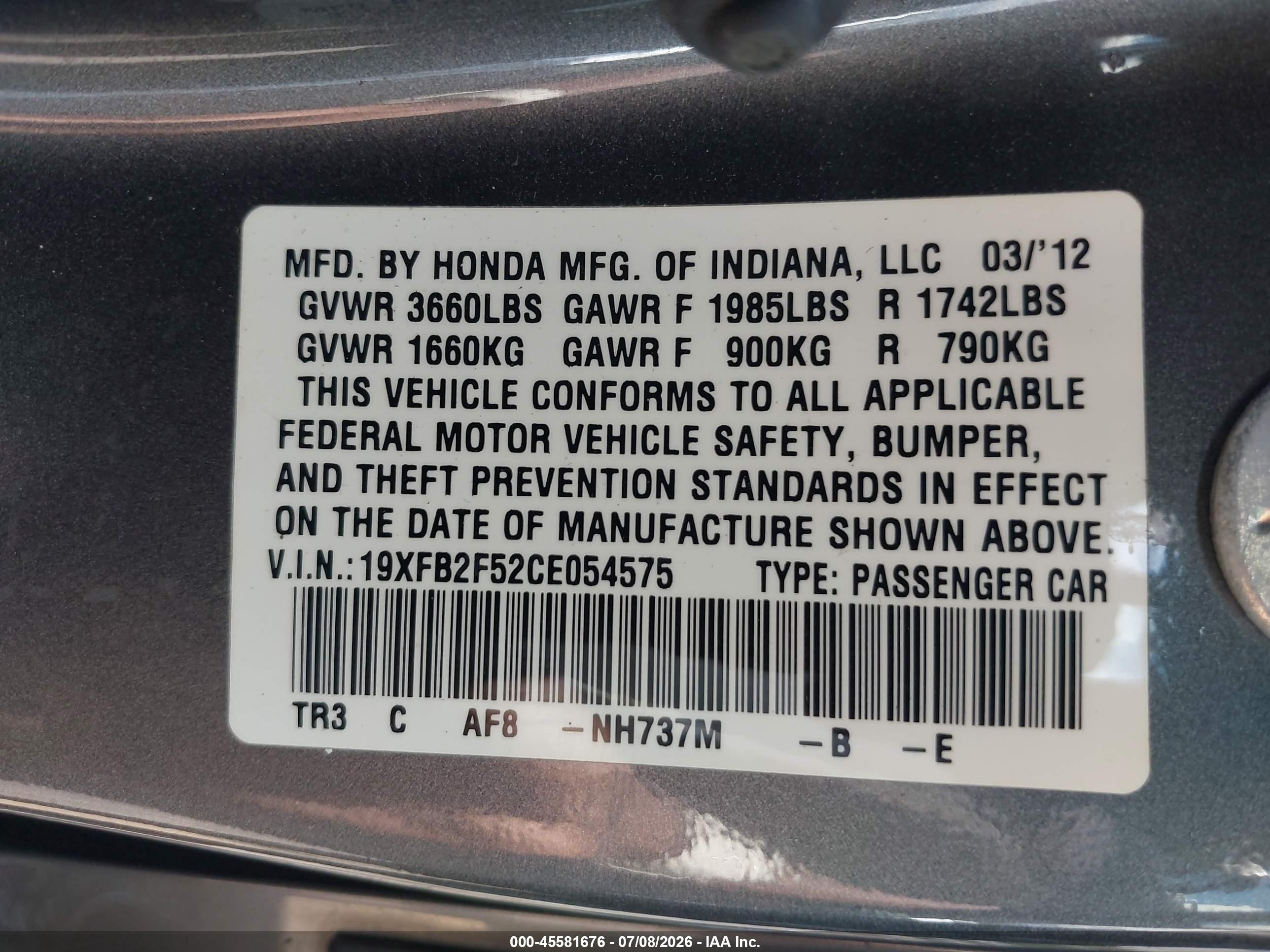 2012 Honda Civic Lx Gray vin: 19XFB2F52CE054575