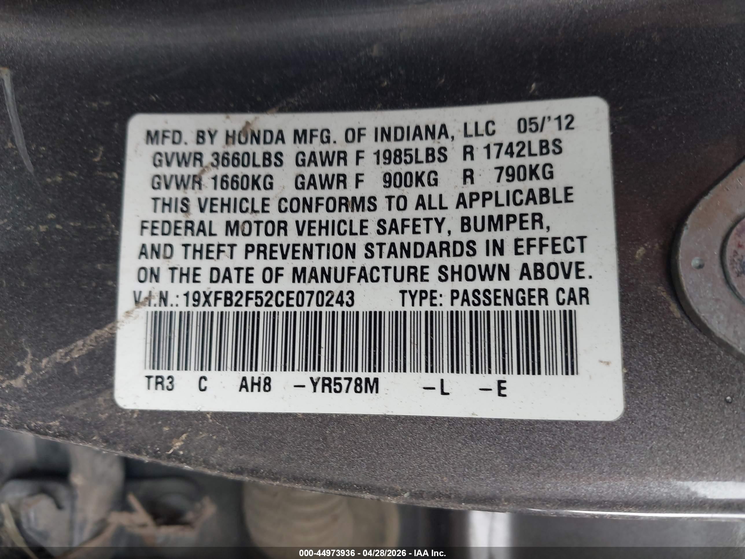 2012 Honda Civic Lx Gray vin: 19XFB2F52CE070243
