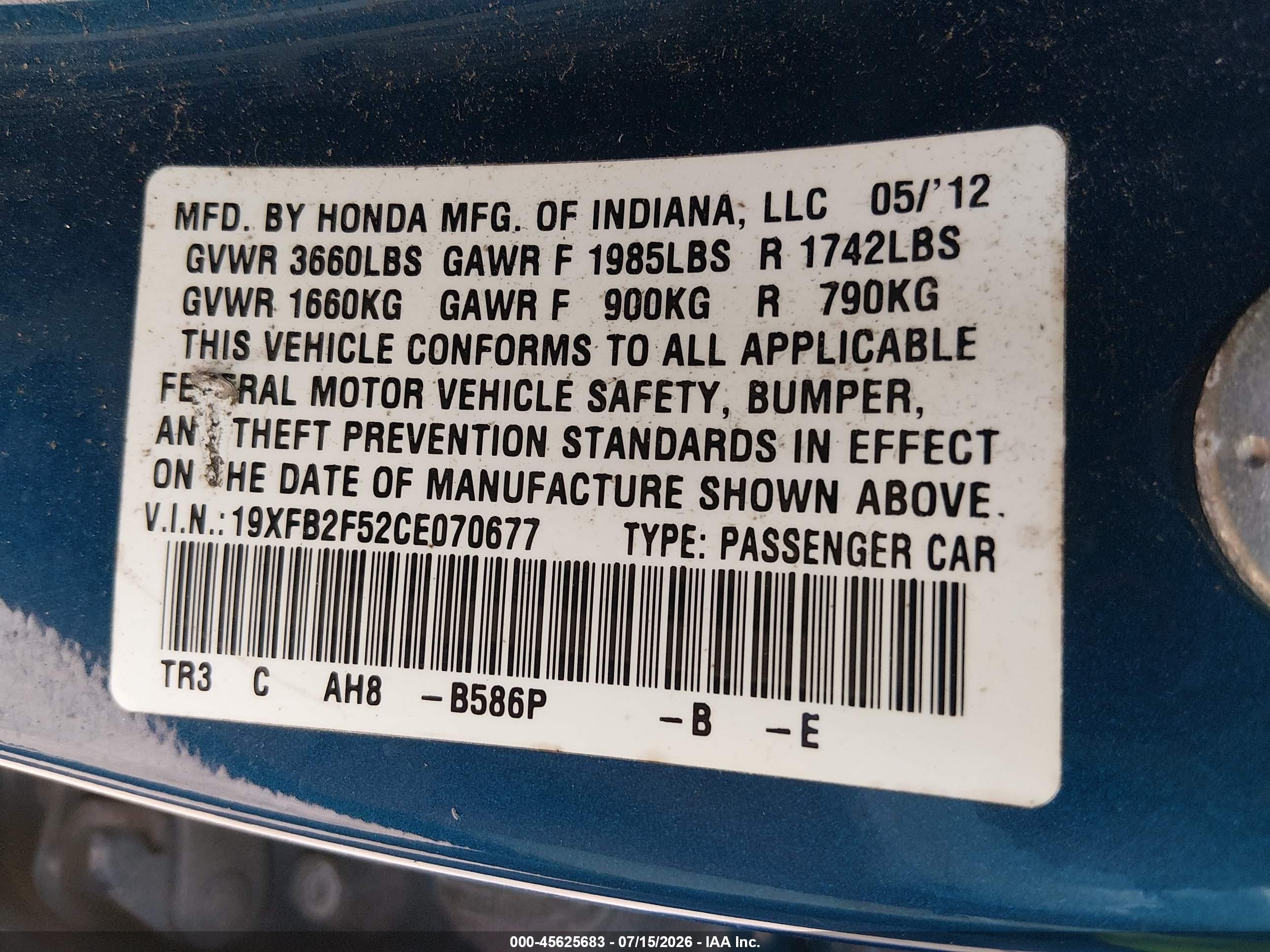 2012 Honda Civic Lx Blue vin: 19XFB2F52CE070677