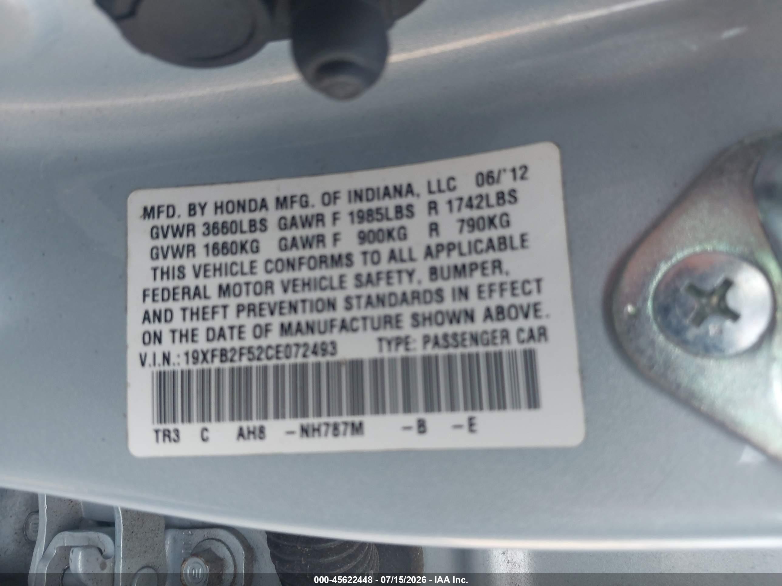 2012 Honda Civic Lx Blue vin: 19XFB2F52CE072493