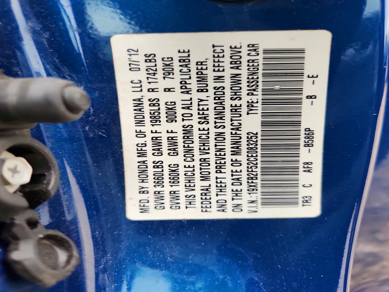 2012 Honda Civic Lx Blue vin: 19XFB2F52CE083252