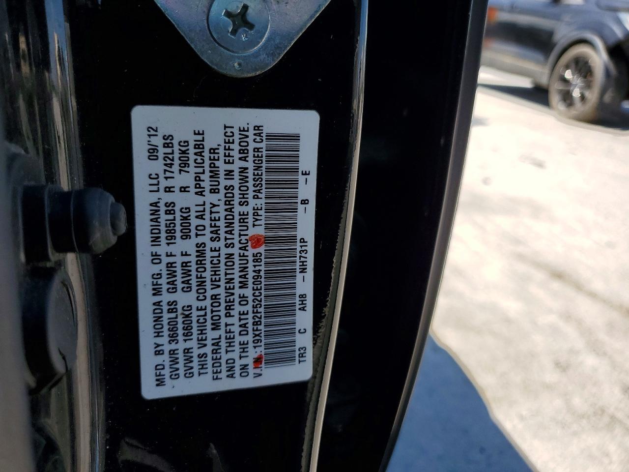 2012 Honda Civic Lx Black vin: 19XFB2F52CE094185