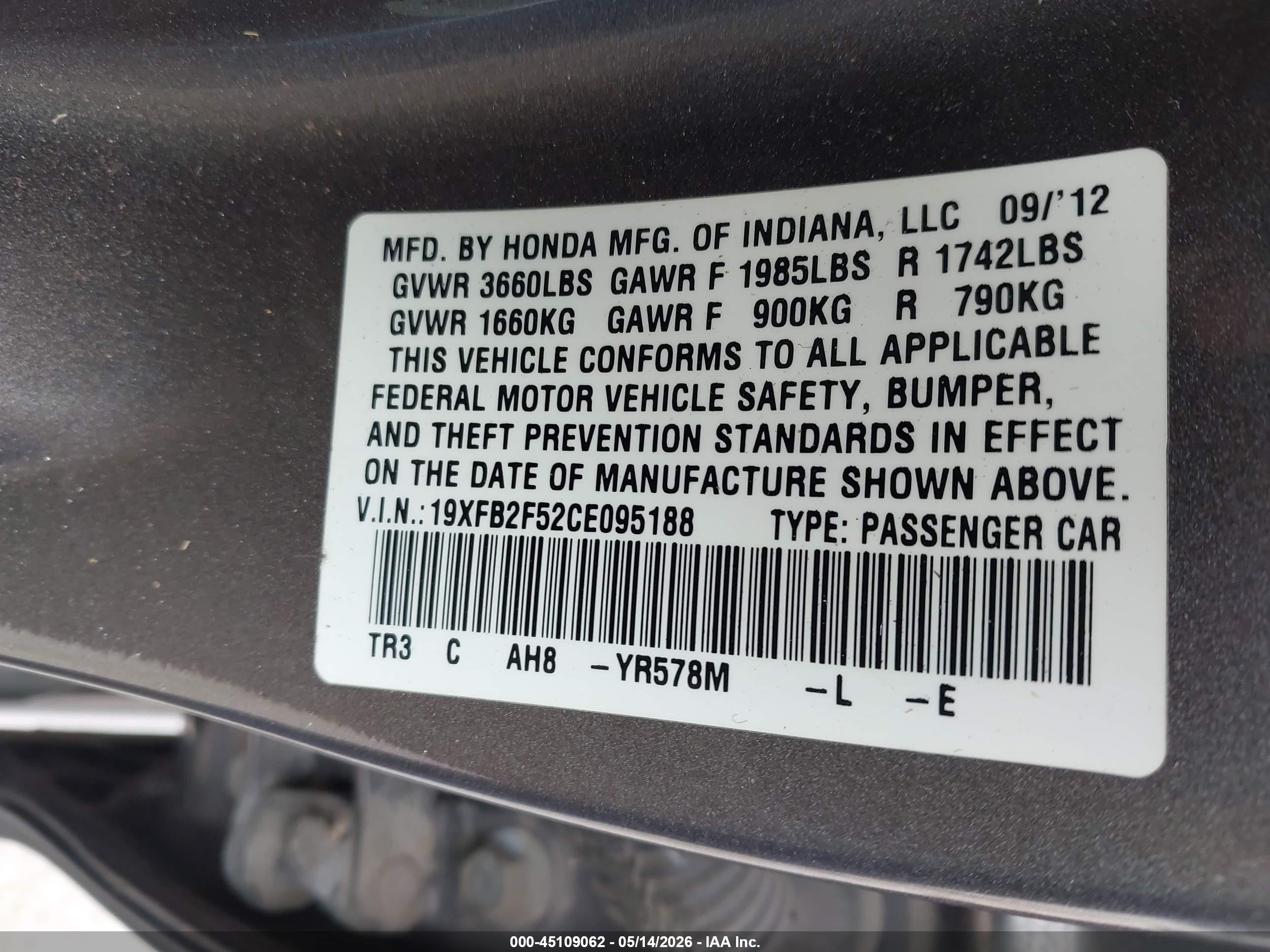 2012 Honda Civic Lx Gray vin: 19XFB2F52CE095188