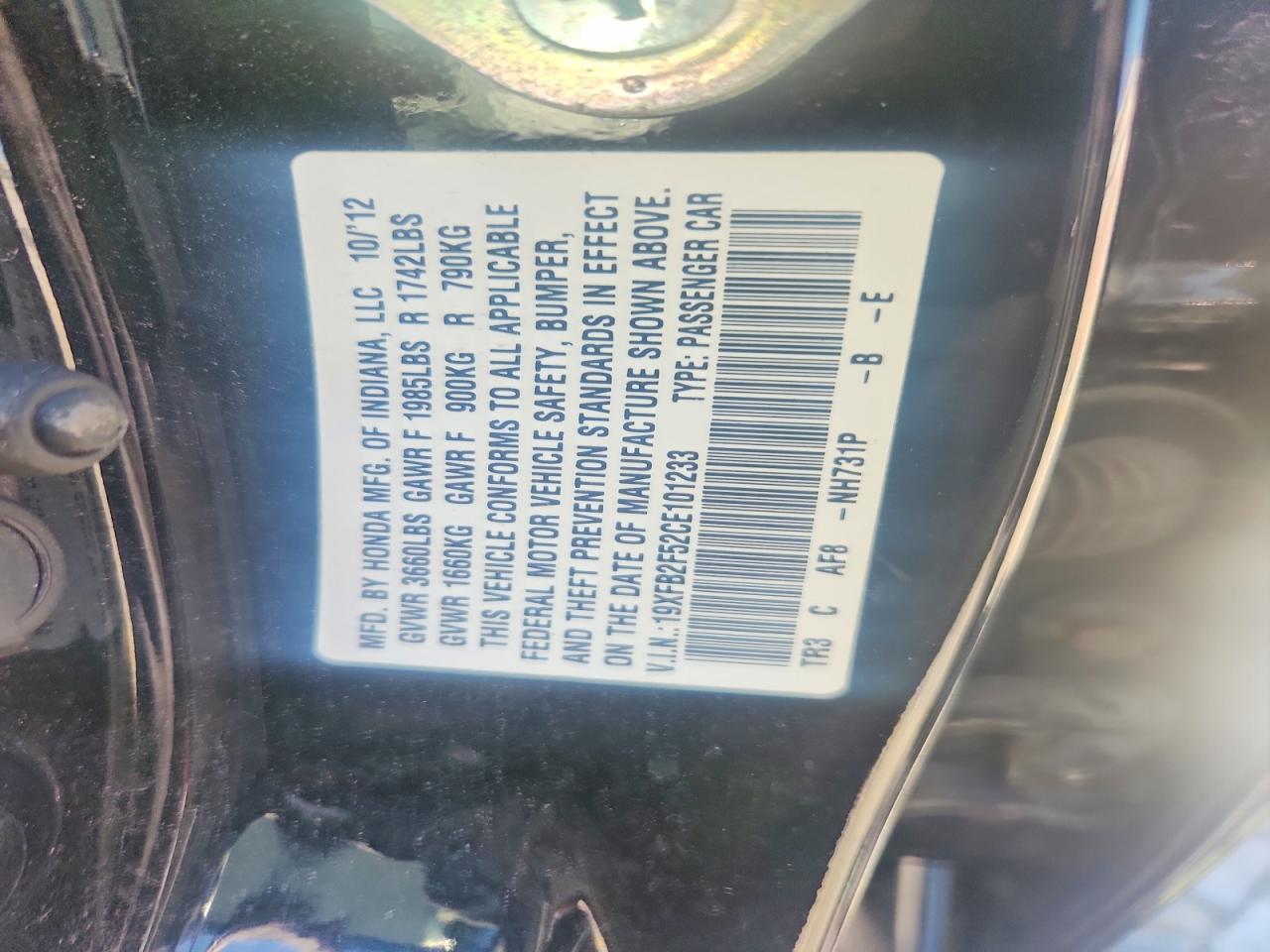 2012 Honda Civic Lx Black vin: 19XFB2F52CE101233