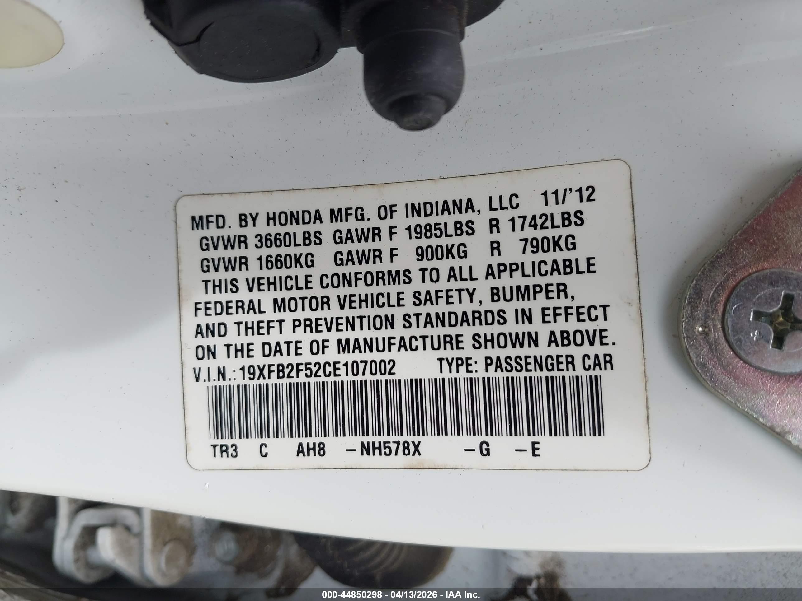 2012 Honda Civic Lx White vin: 19XFB2F52CE107002