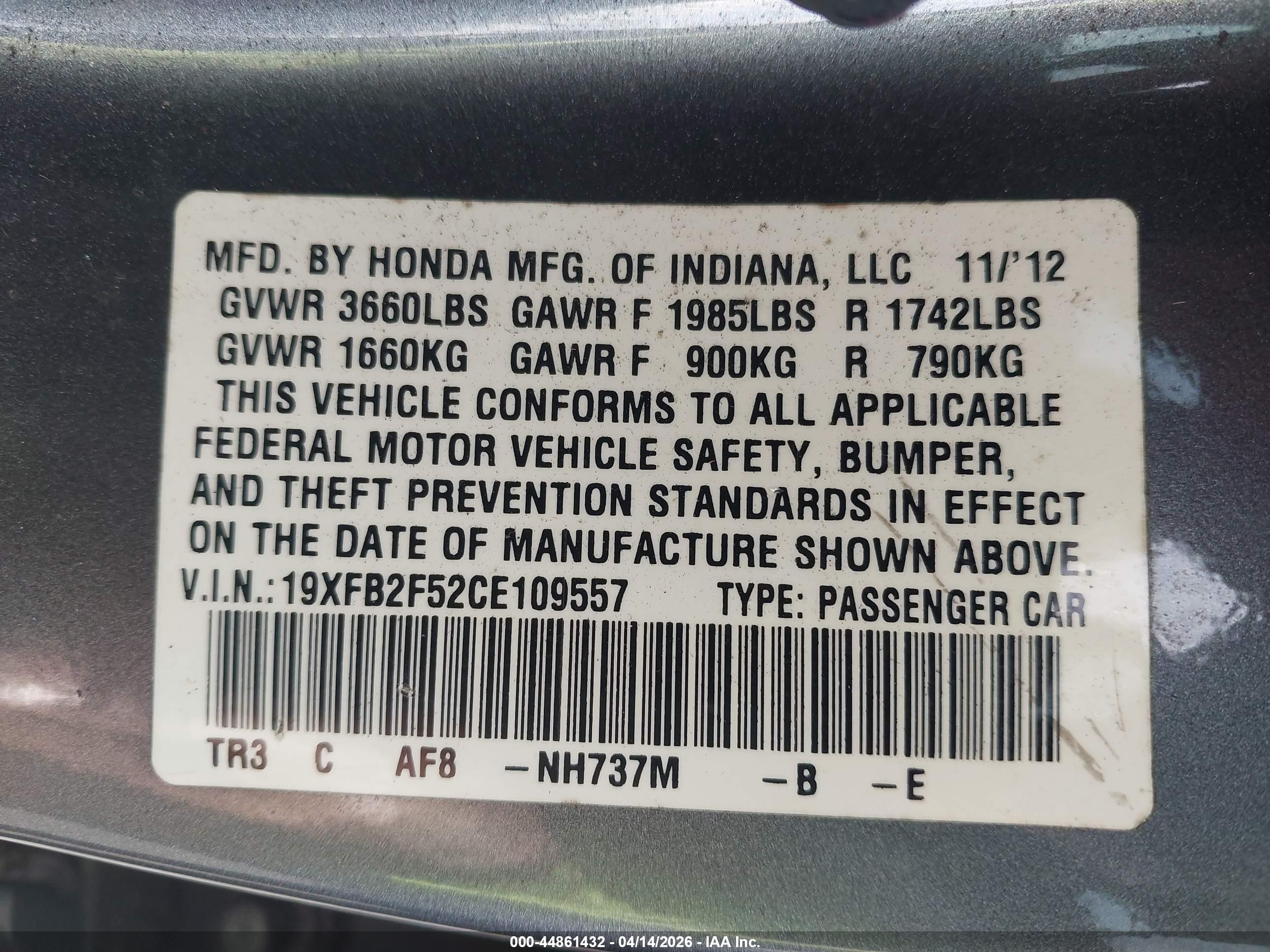 2012 Honda Civic Lx Gray vin: 19XFB2F52CE109557