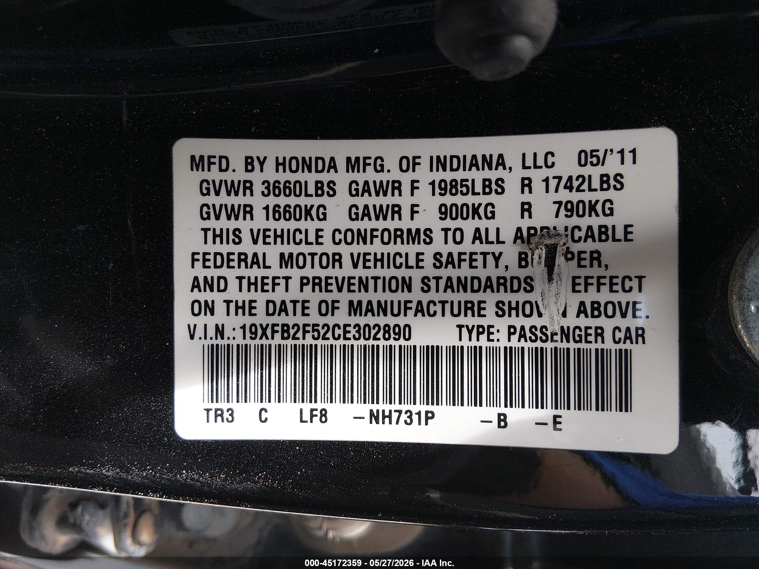 2012 Honda Civic Lx Black vin: 19XFB2F52CE302890