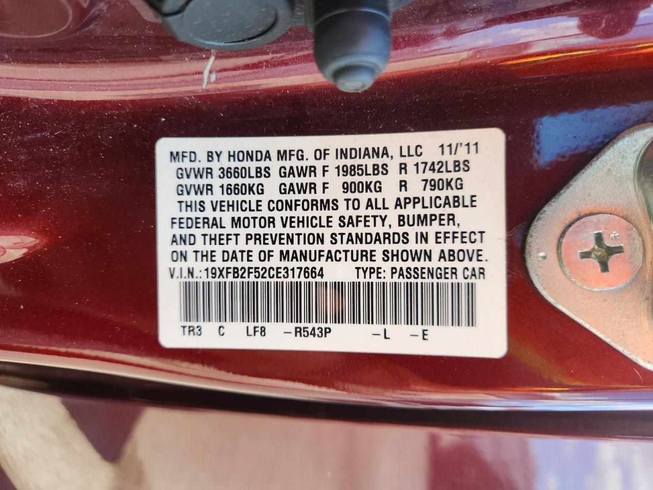 2012 Honda Civic Lx Burgundy vin: 19XFB2F52CE317664