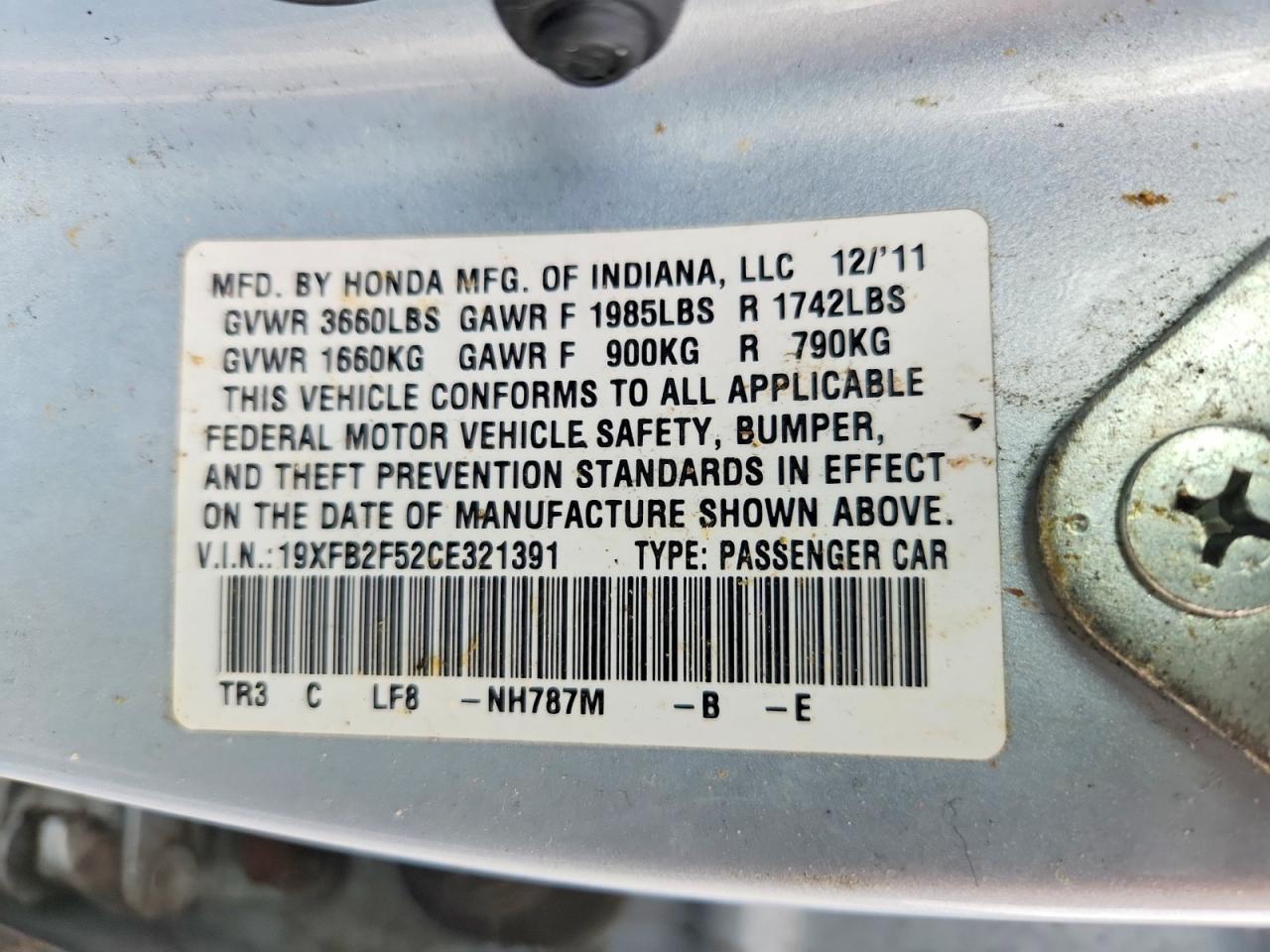2012 Honda Civic Lx Silver vin: 19XFB2F52CE321391