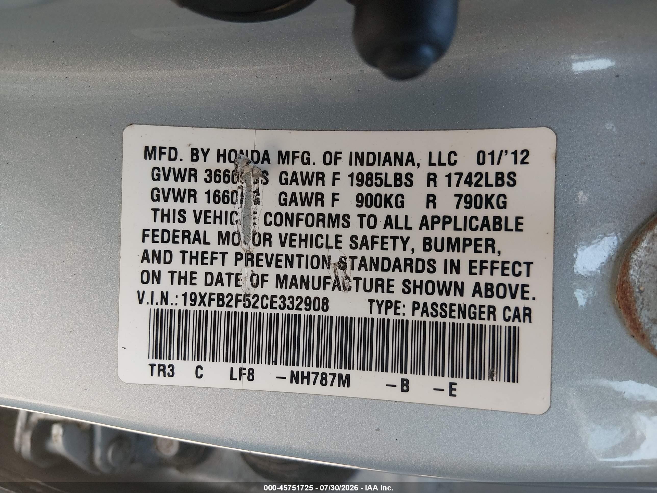 2012 Honda Civic Lx Light Blue vin: 19XFB2F52CE332908
