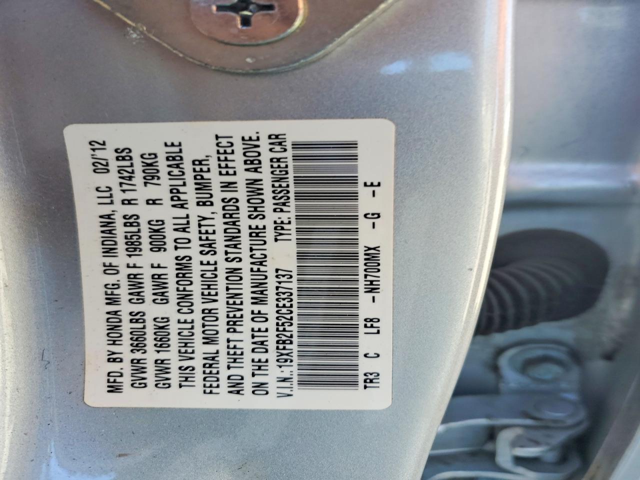 2012 Honda Civic Lx Silver vin: 19XFB2F52CE337137