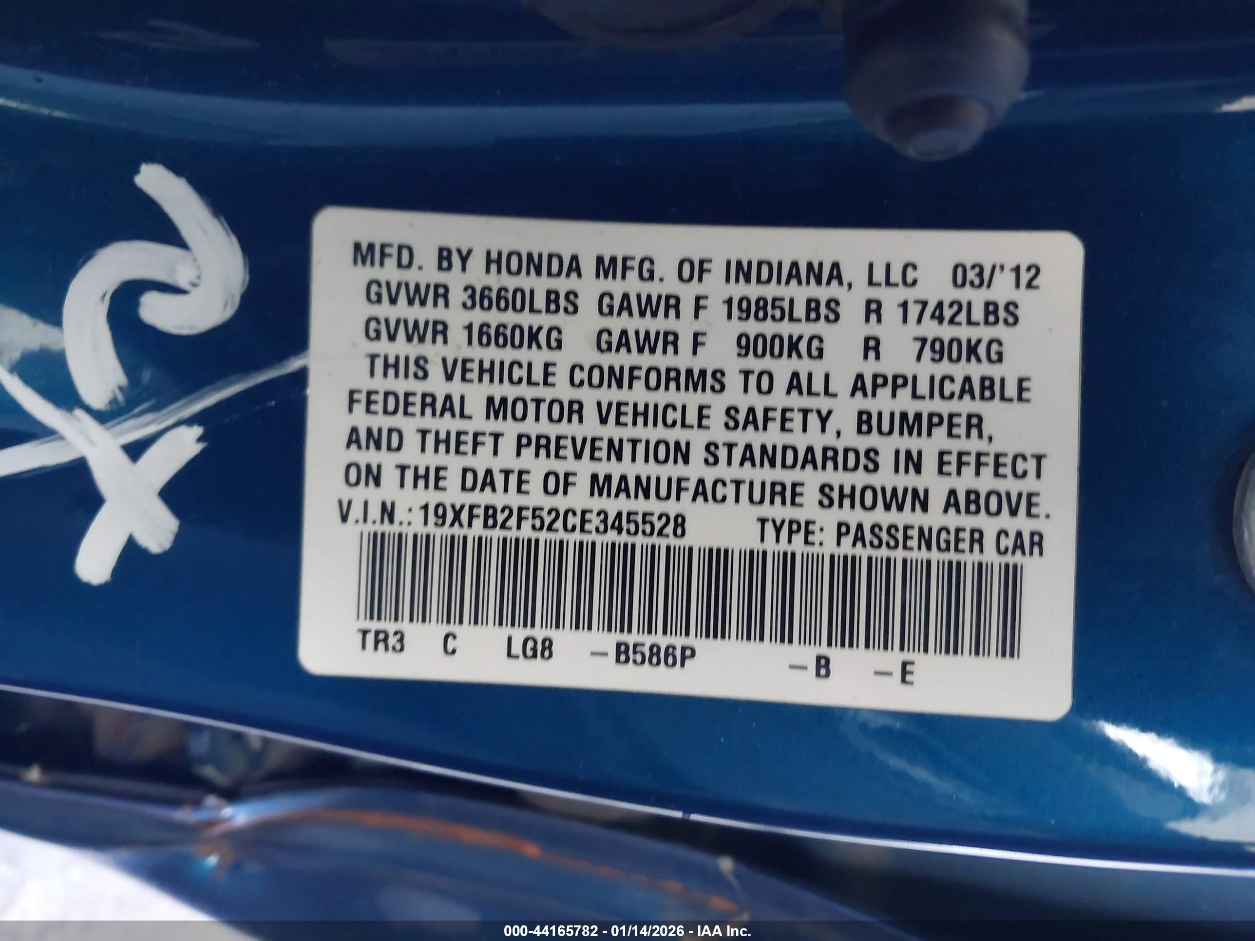 2012 Honda Civic Lx Blue vin: 19XFB2F52CE345528