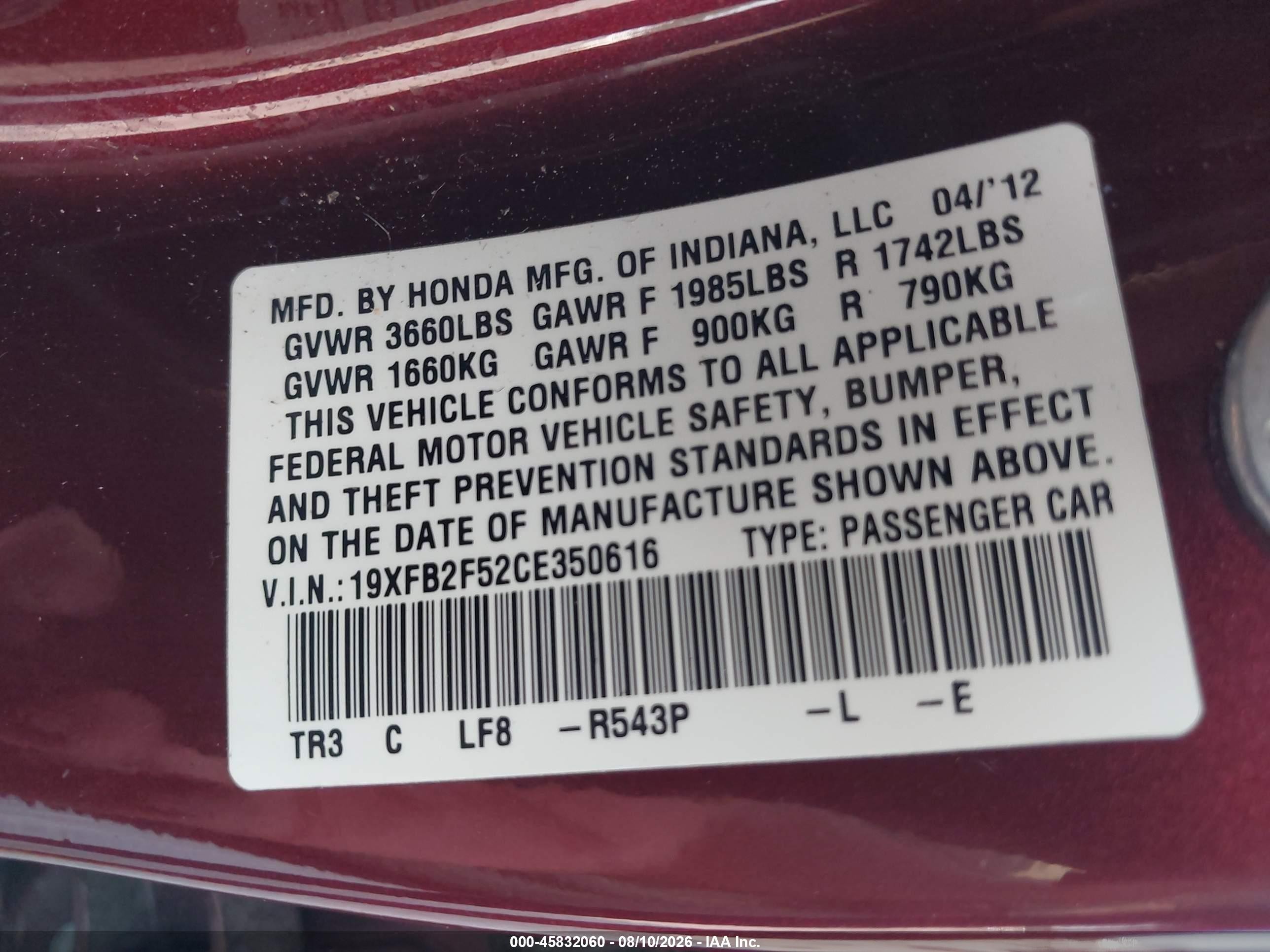 2012 Honda Civic Lx Maroon vin: 19XFB2F52CE350616