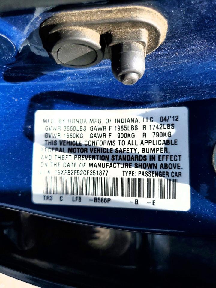 2012 Honda Civic Lx Blue vin: 19XFB2F52CE351877