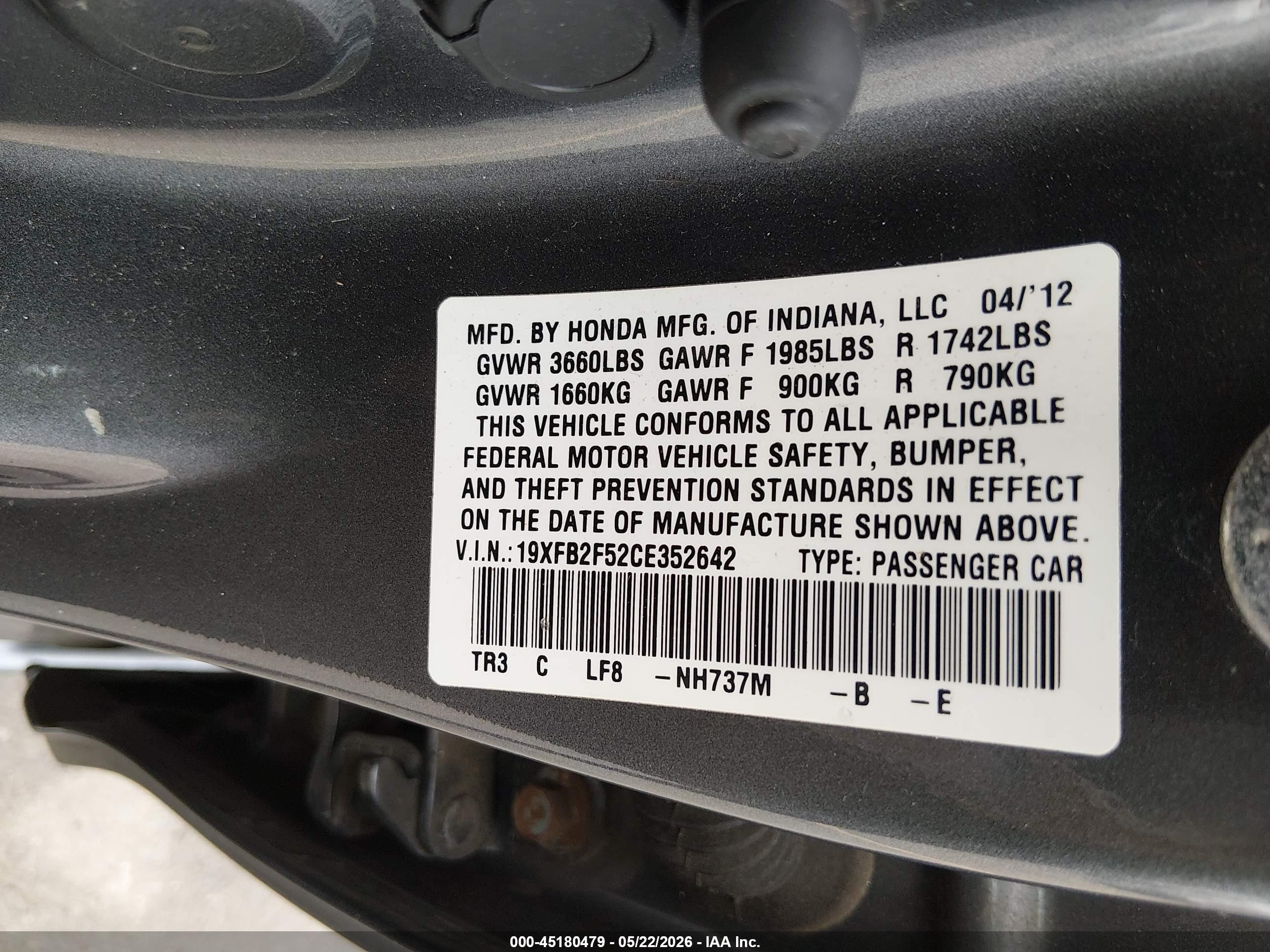 2012 Honda Civic Lx Серый vin: 19XFB2F52CE352642