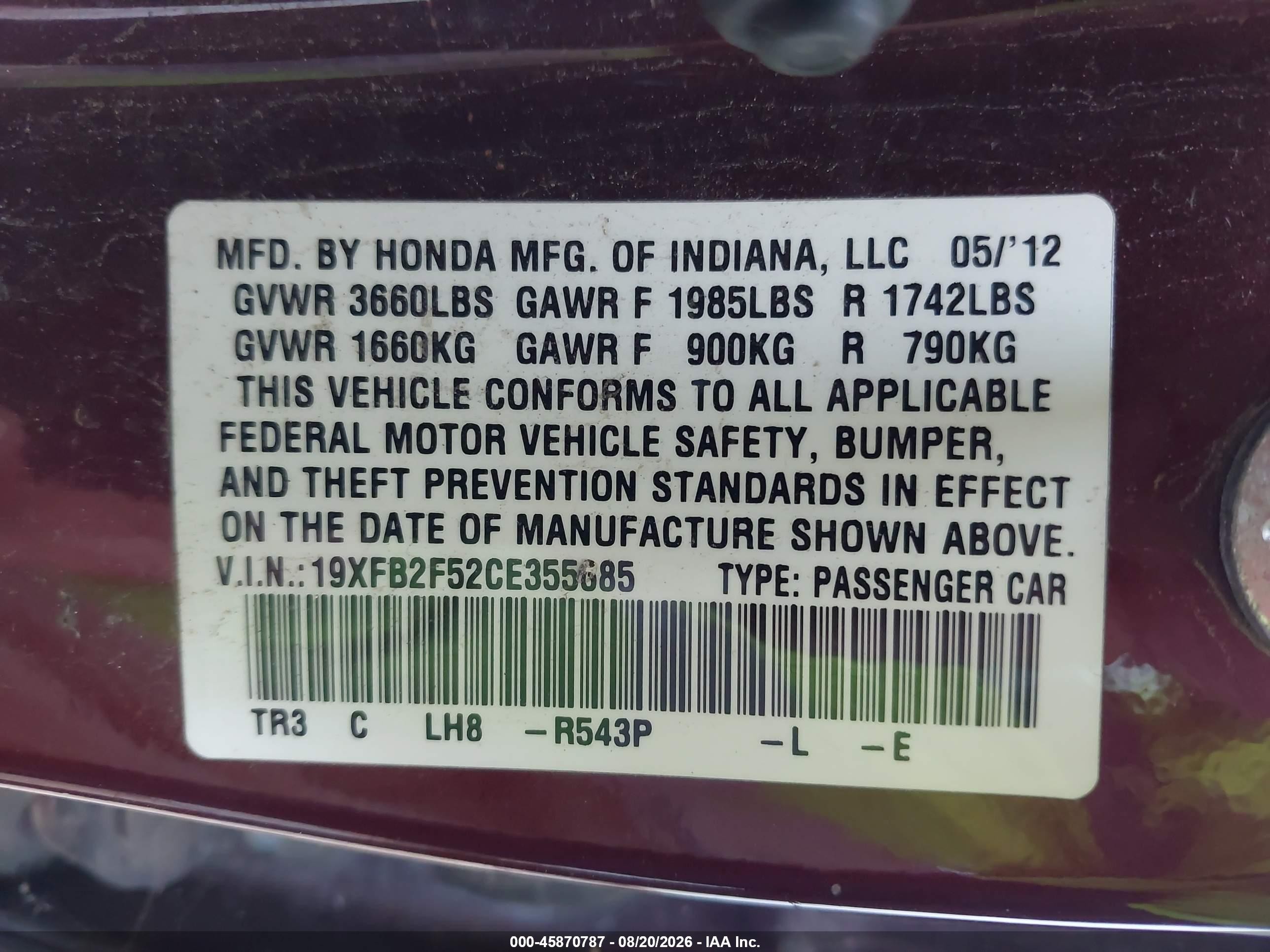2012 Honda Civic Lx Бордовый vin: 19XFB2F52CE355685
