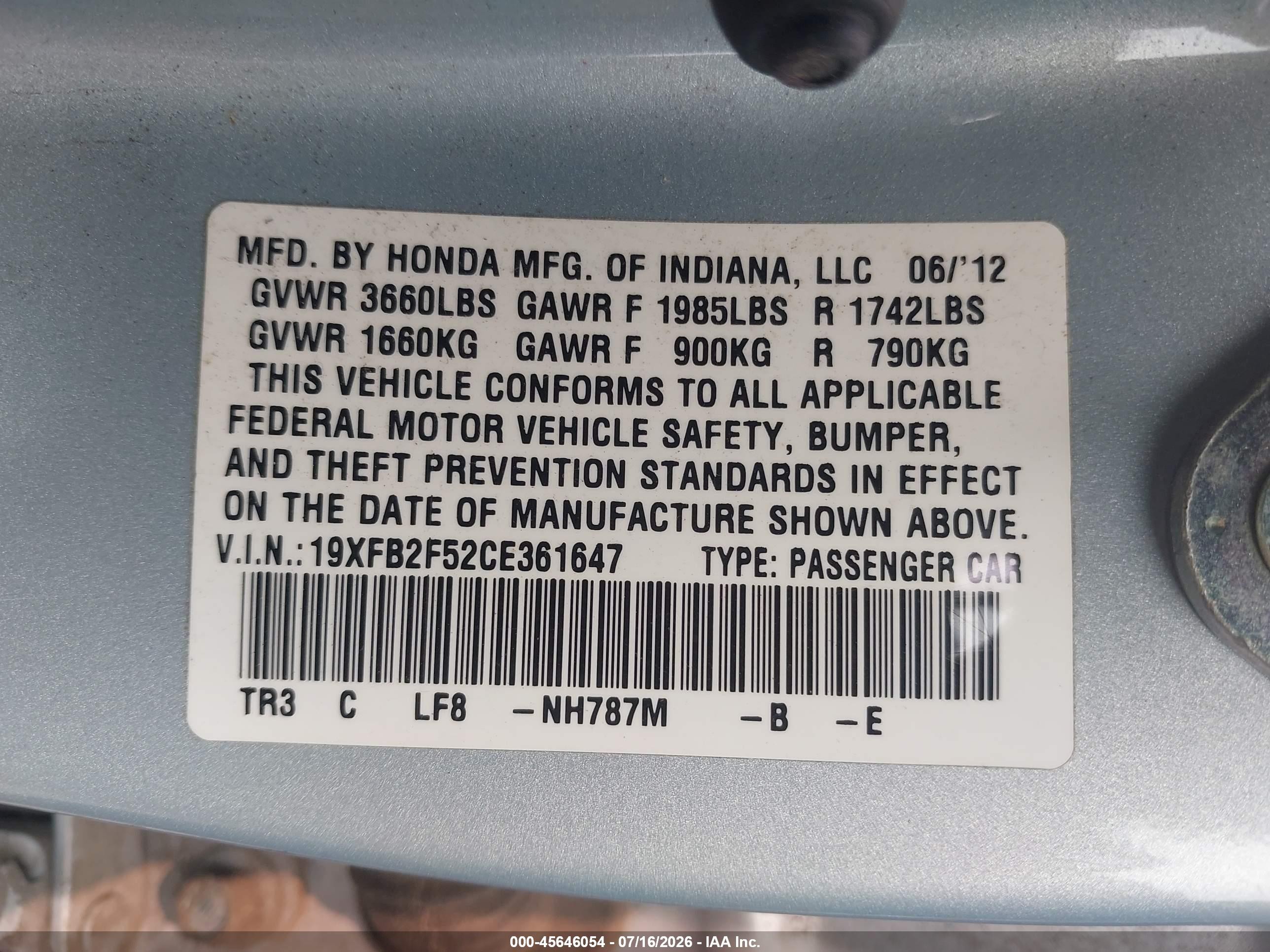 2012 Honda Civic Lx Light Blue vin: 19XFB2F52CE361647