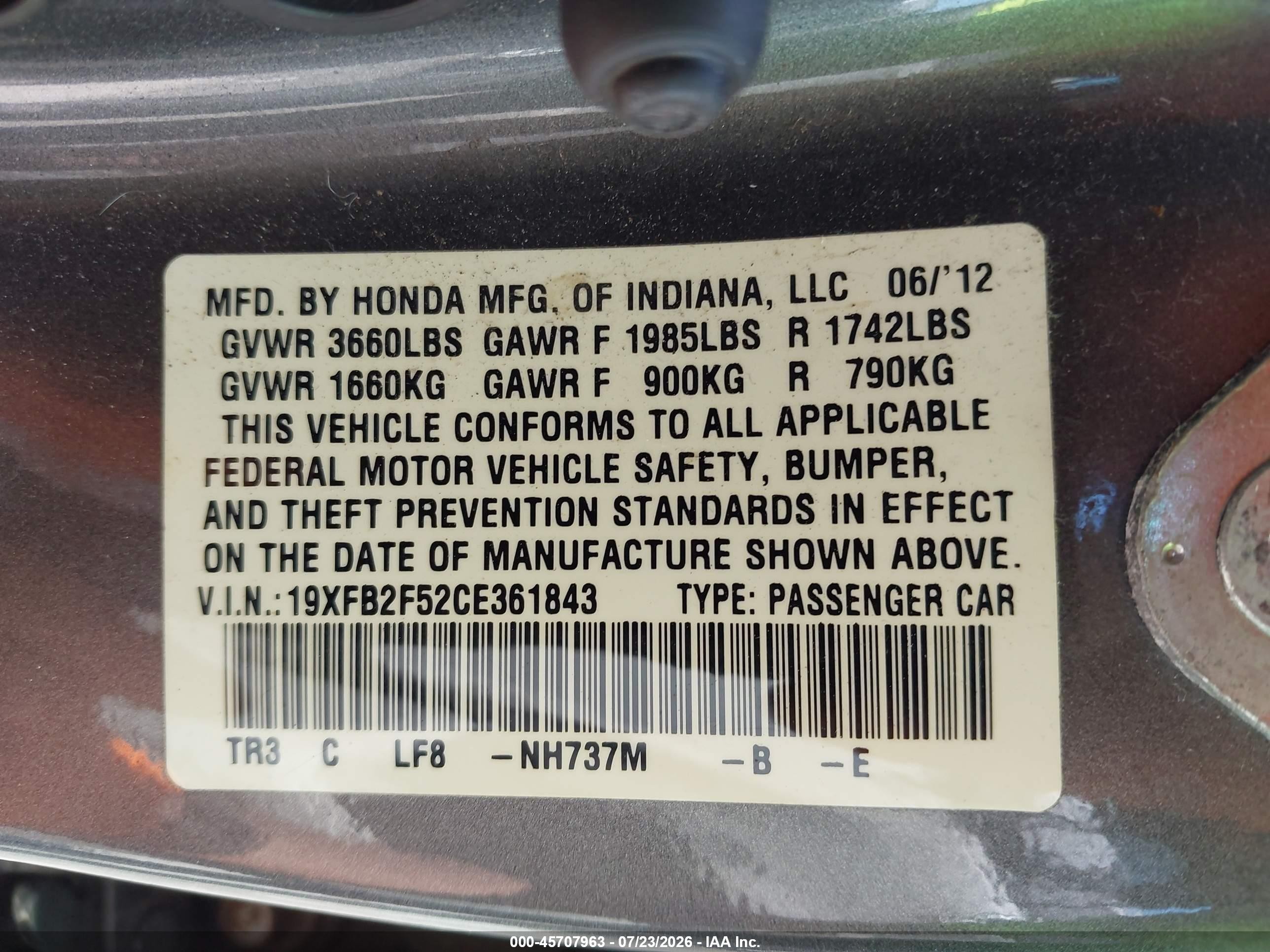 2012 Honda Civic Lx Серый vin: 19XFB2F52CE361843