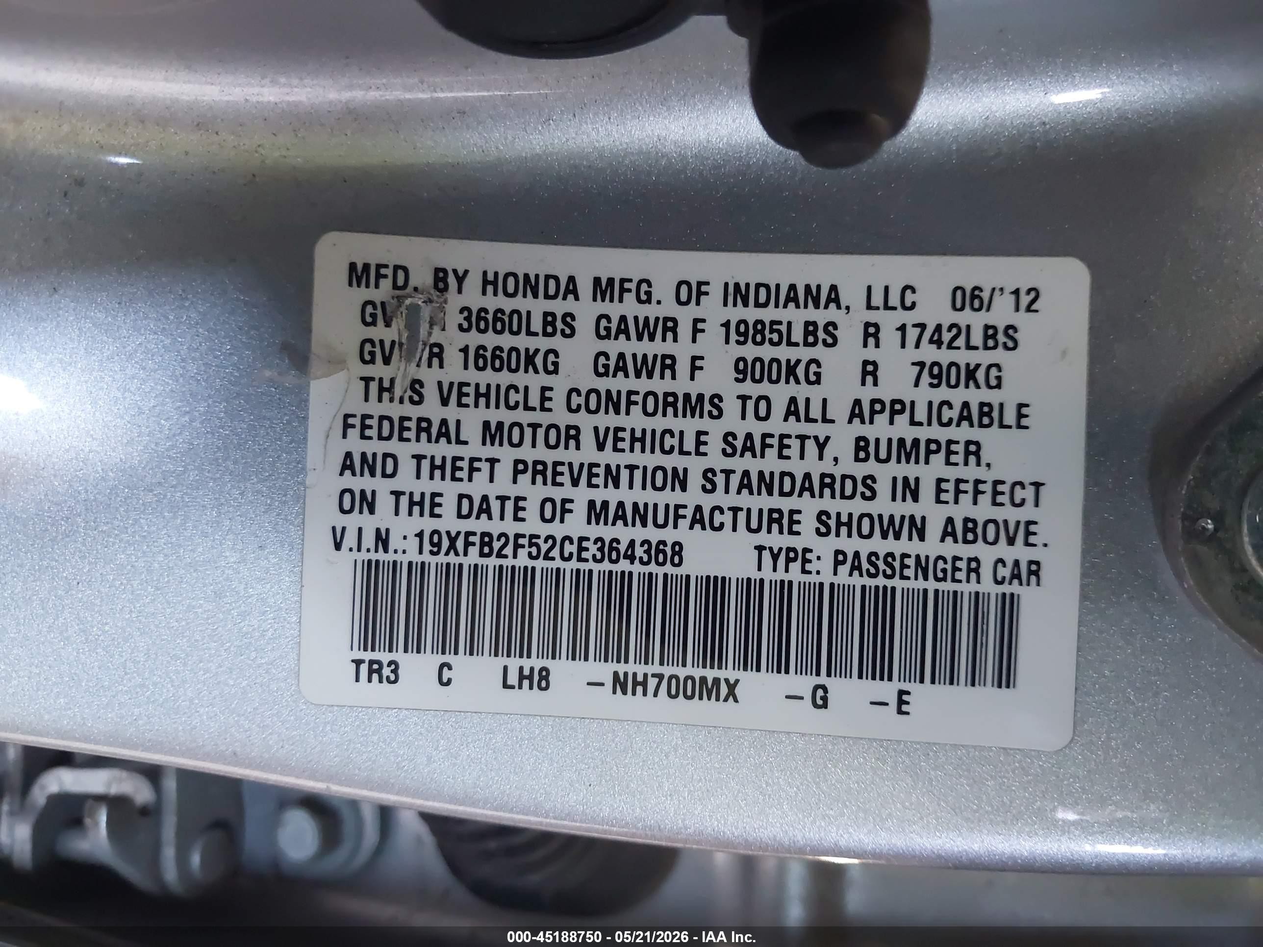 2012 Honda Civic Lx Gray vin: 19XFB2F52CE364368