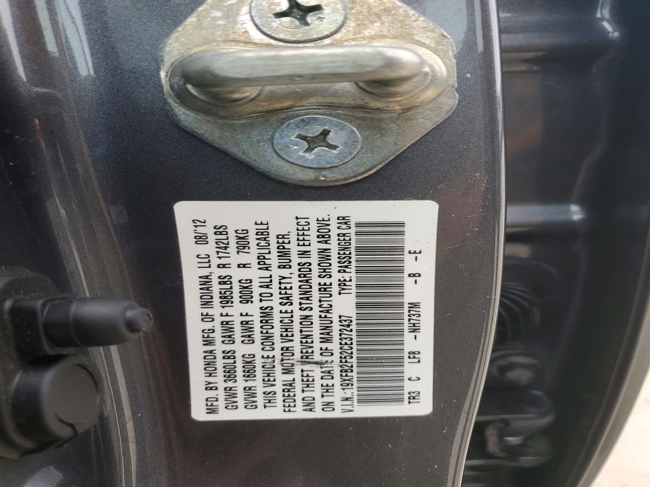 2012 Honda Civic Lx Gray vin: 19XFB2F52CE372437