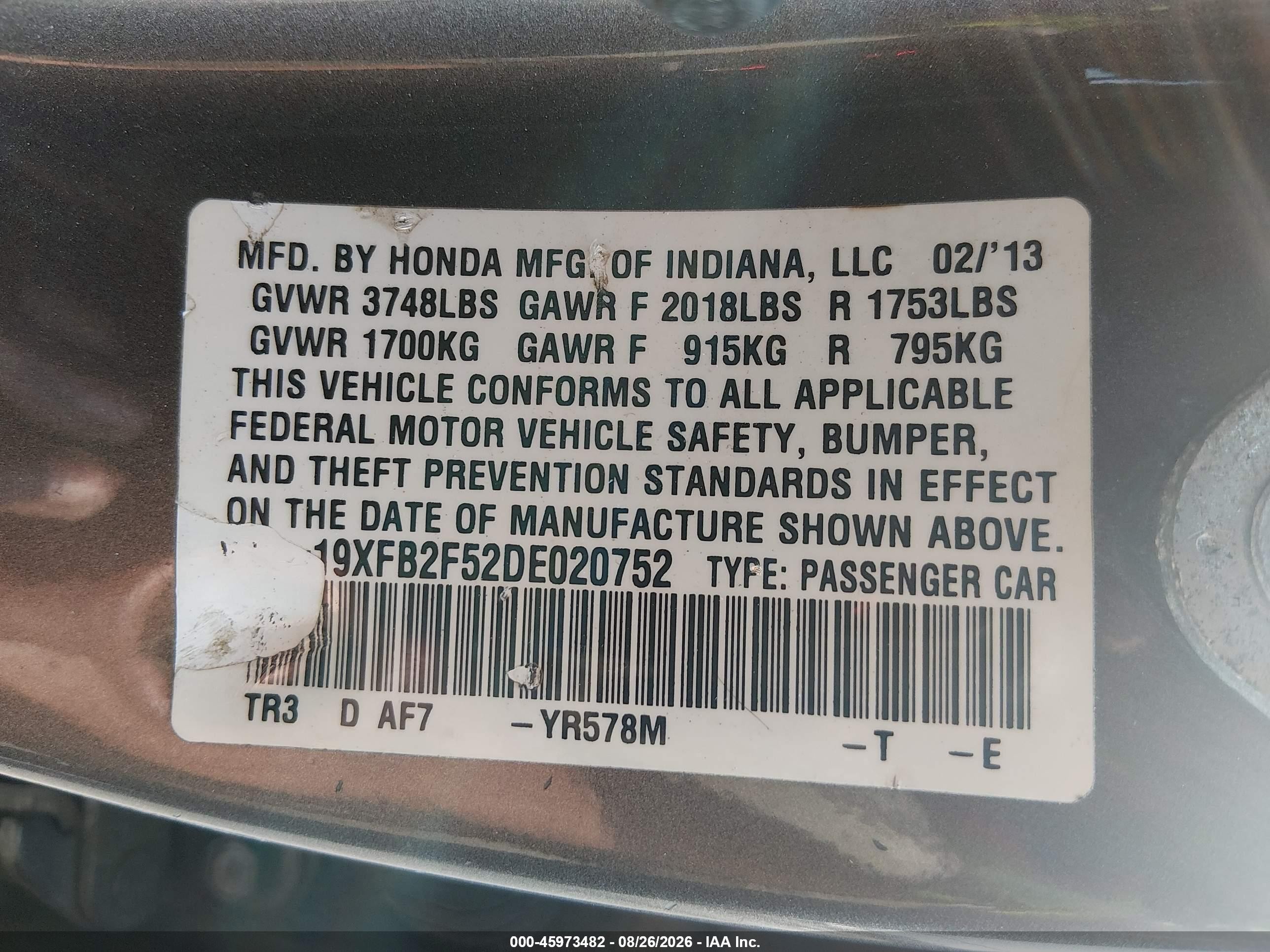 2013 Honda Civic Lx Gray vin: 19XFB2F52DE020752