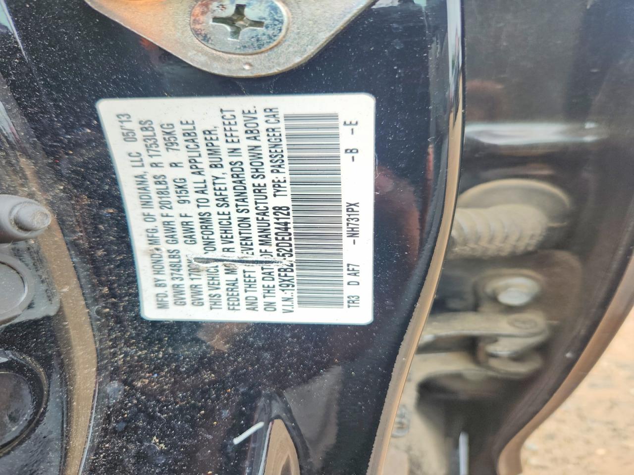 2013 Honda Civic Lx Black vin: 19XFB2F52DE044128
