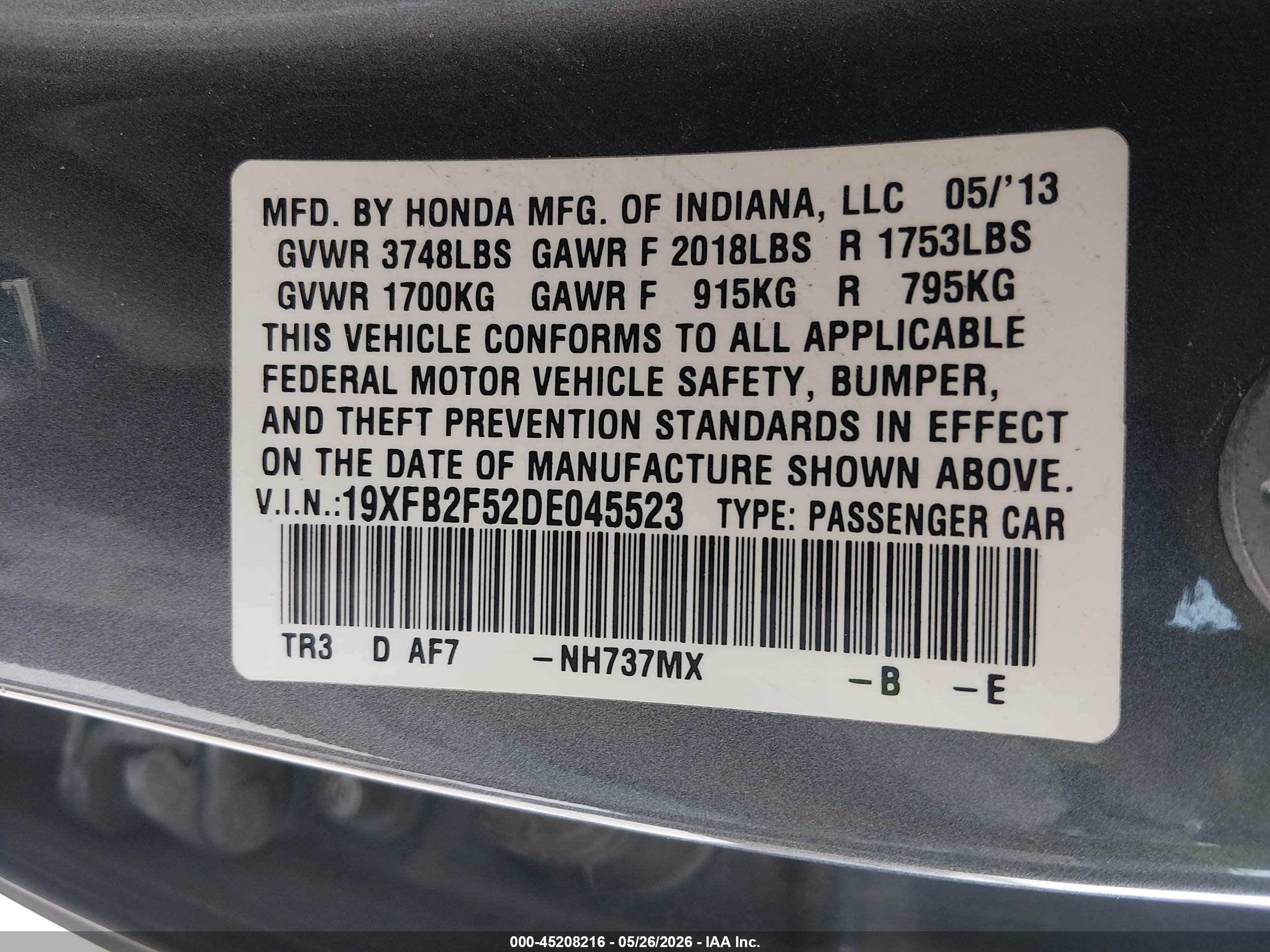 2013 Honda Civic Lx Серый vin: 19XFB2F52DE045523