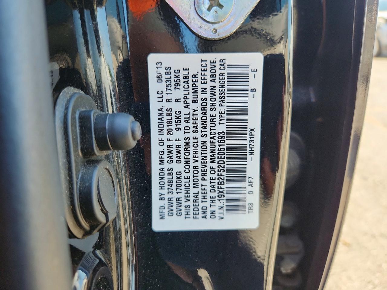 2013 Honda Civic Lx Black vin: 19XFB2F52DE051693
