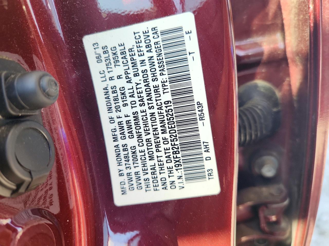 2013 Honda Civic Lx Maroon vin: 19XFB2F52DE052519