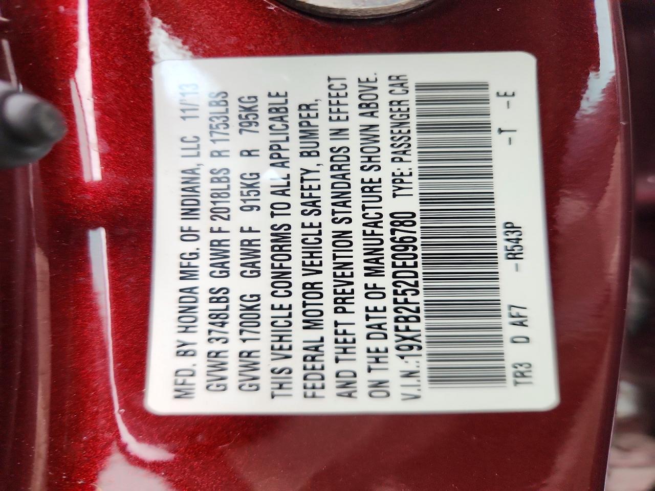 2013 Honda Civic Lx Burgundy vin: 19XFB2F52DE096780