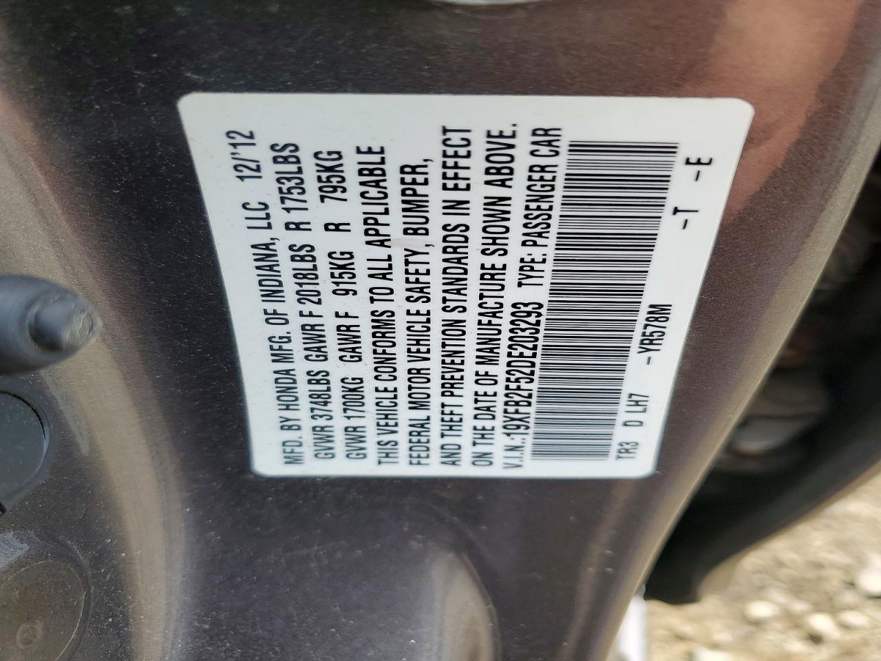 2013 Honda Civic Lx Gray vin: 19XFB2F52DE203293