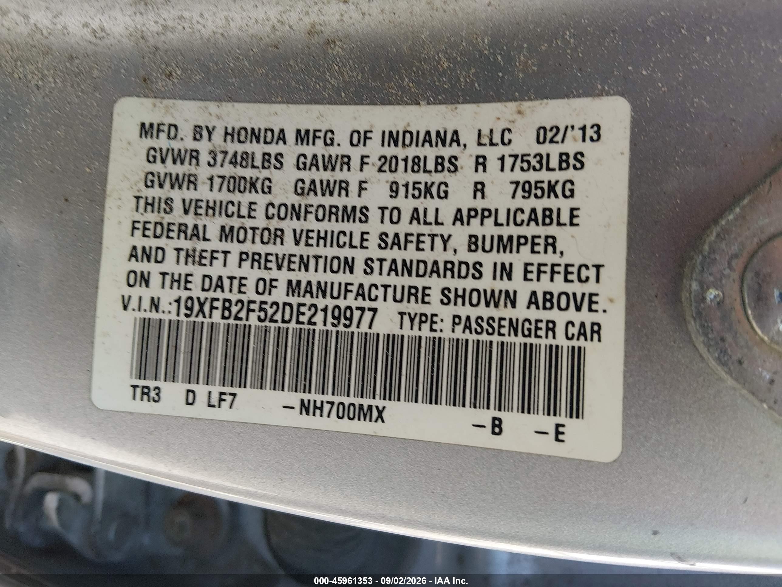 2013 Honda Civic Lx Silver vin: 19XFB2F52DE219977