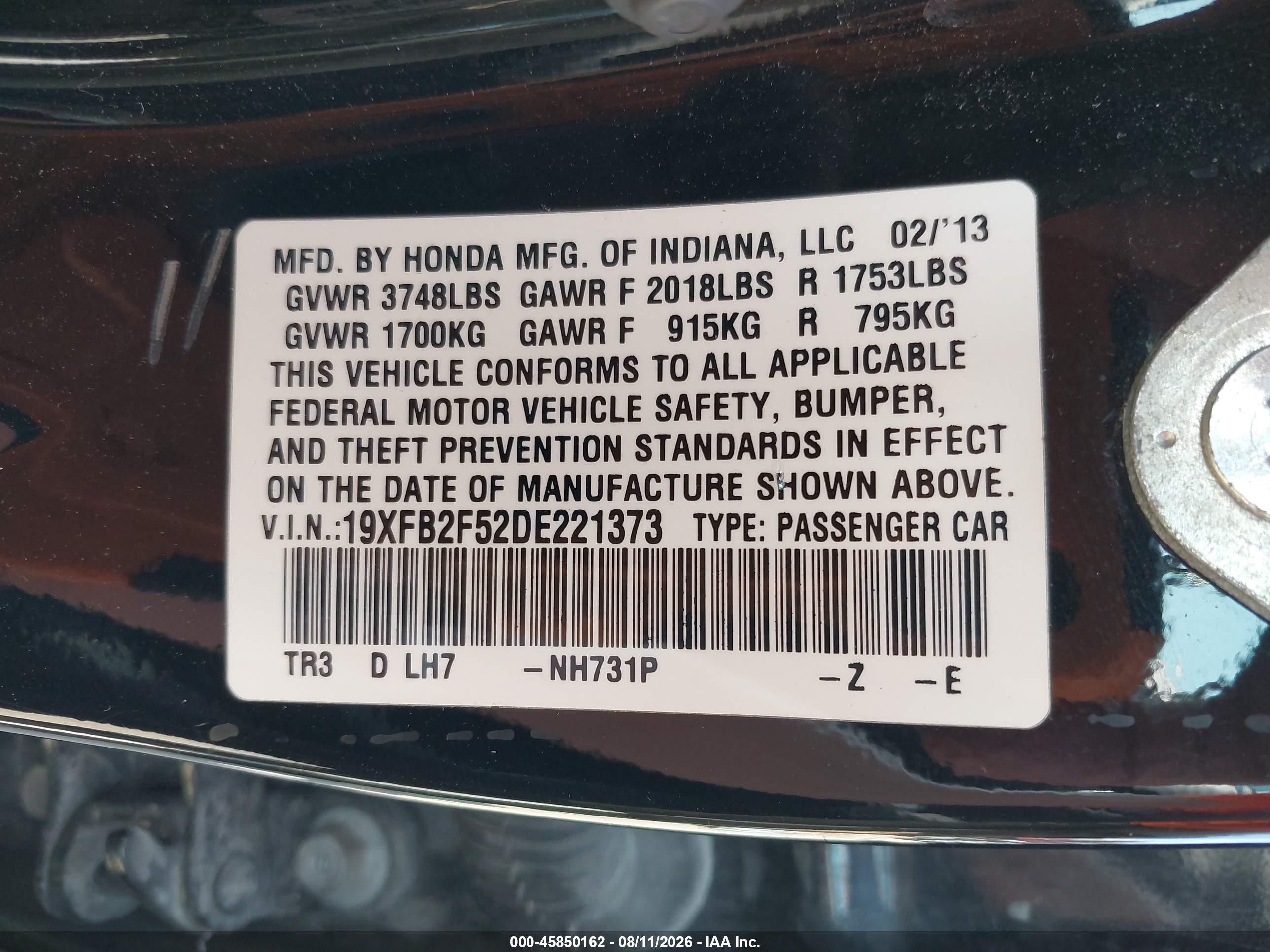 2013 Honda Civic Lx Black vin: 19XFB2F52DE221373