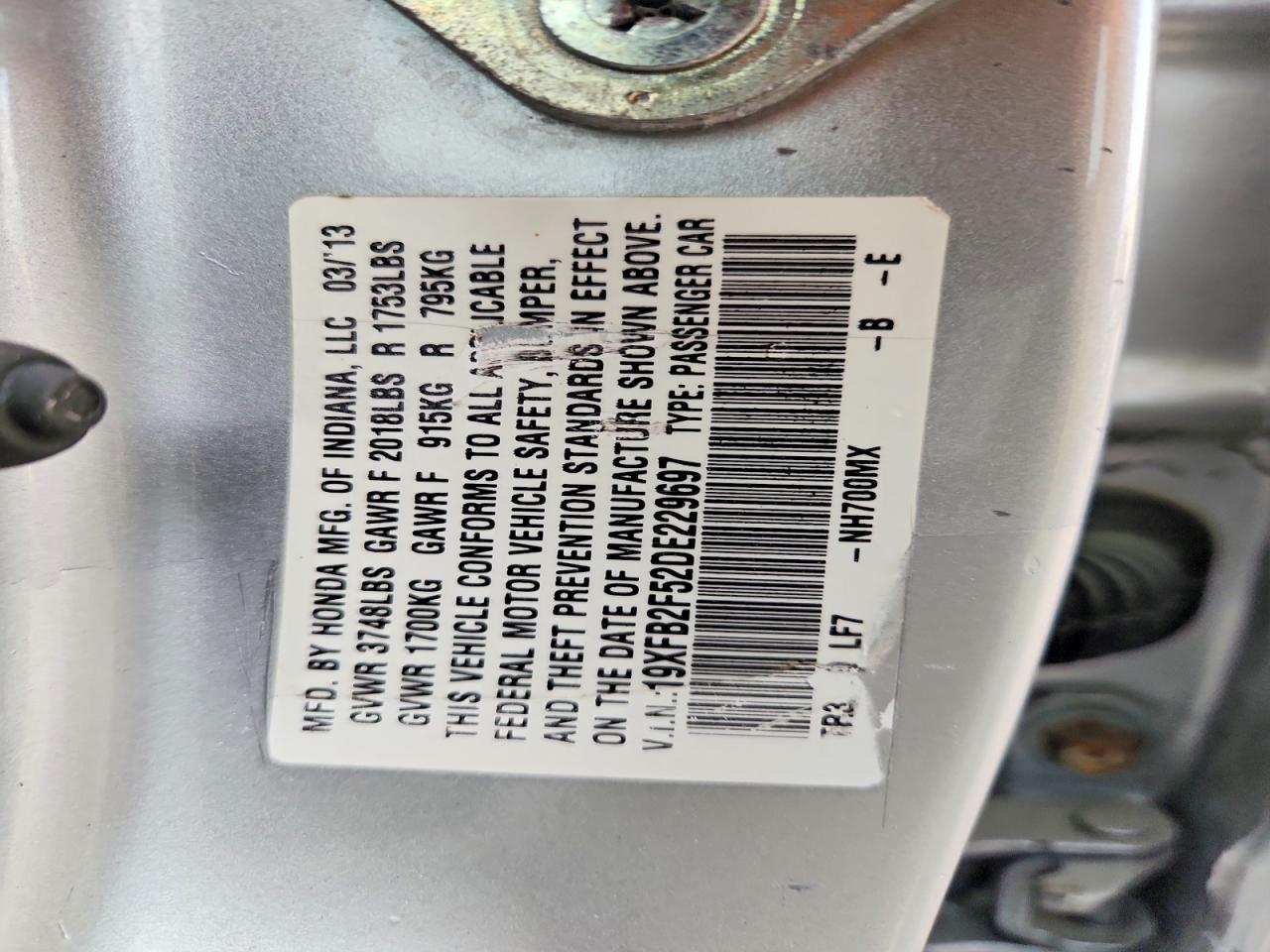 2013 Honda Civic Lx Silver vin: 19XFB2F52DE229697