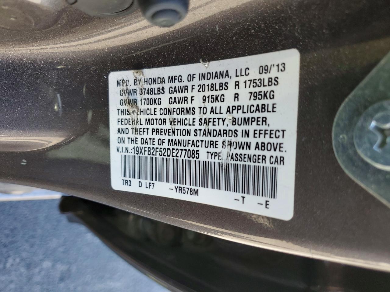2013 Honda Civic Lx Gray vin: 19XFB2F52DE277085