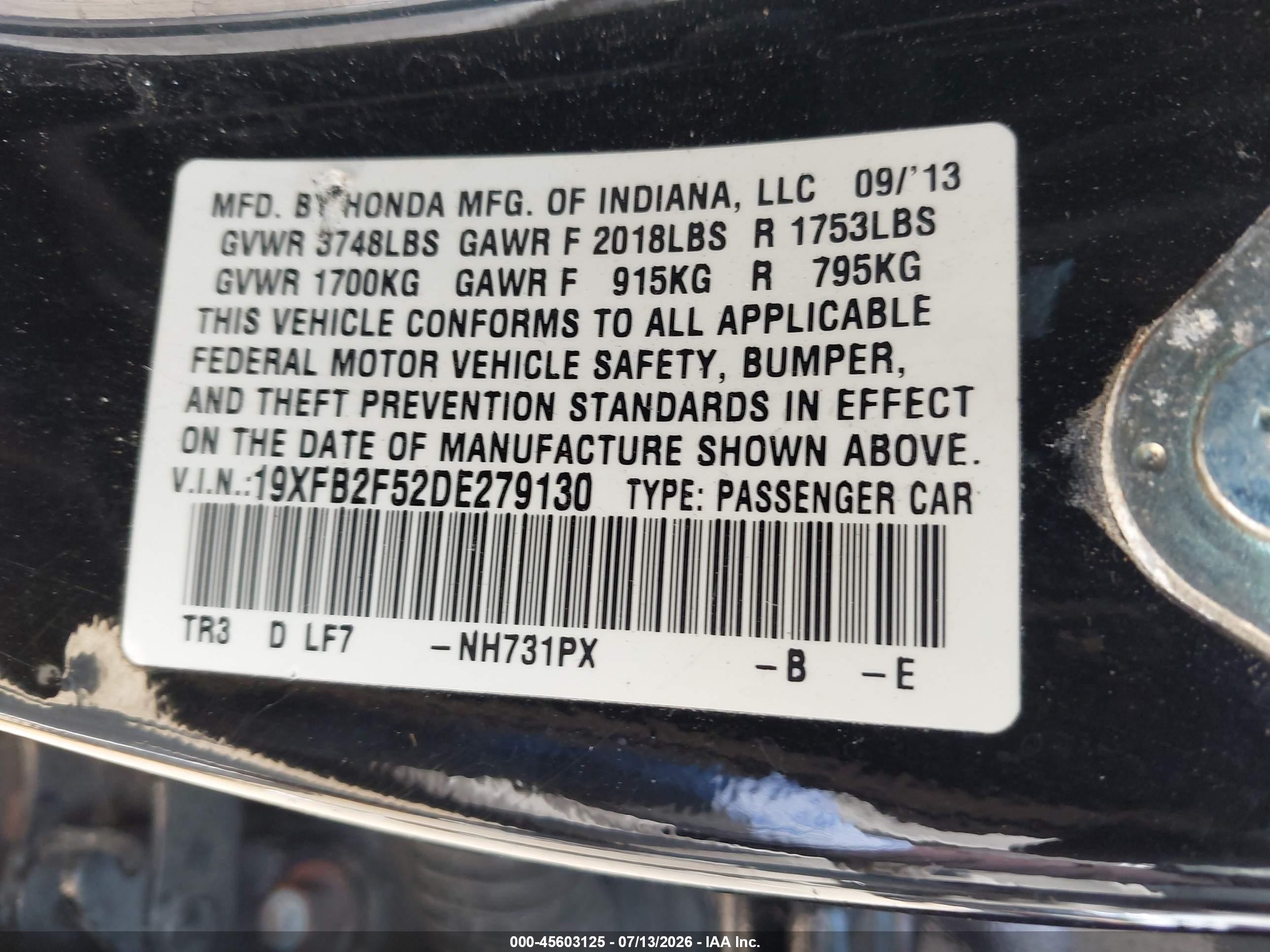 2013 Honda Civic Lx Black vin: 19XFB2F52DE279130