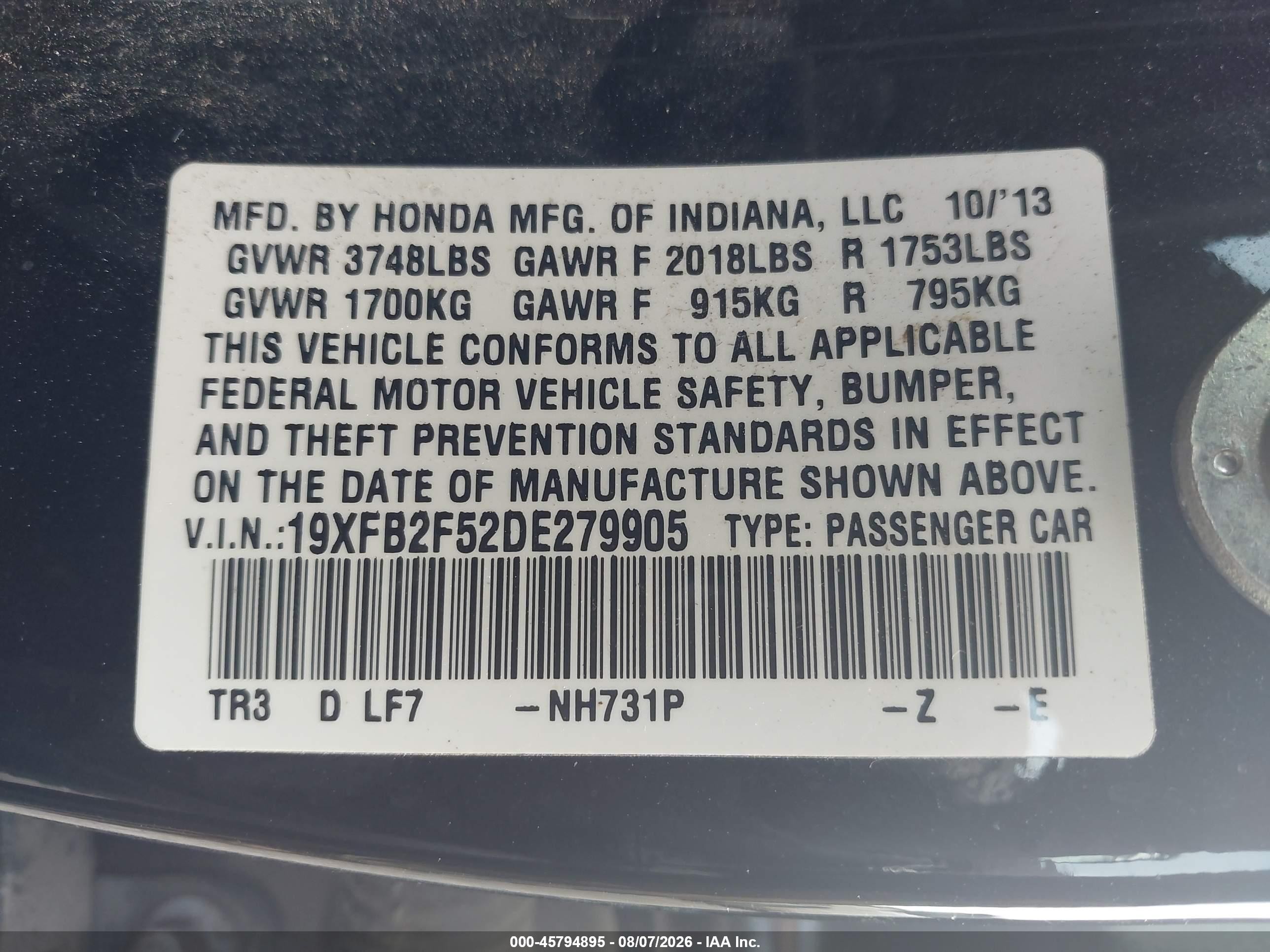 2013 Honda Civic Lx Black vin: 19XFB2F52DE279905