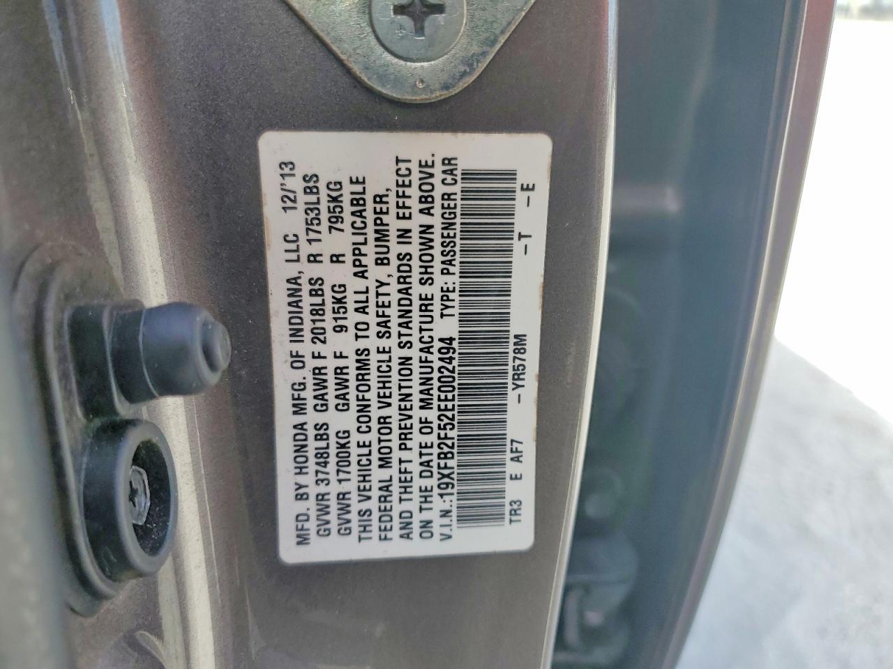 2014 Honda Civic Lx Gray vin: 19XFB2F52EE002494