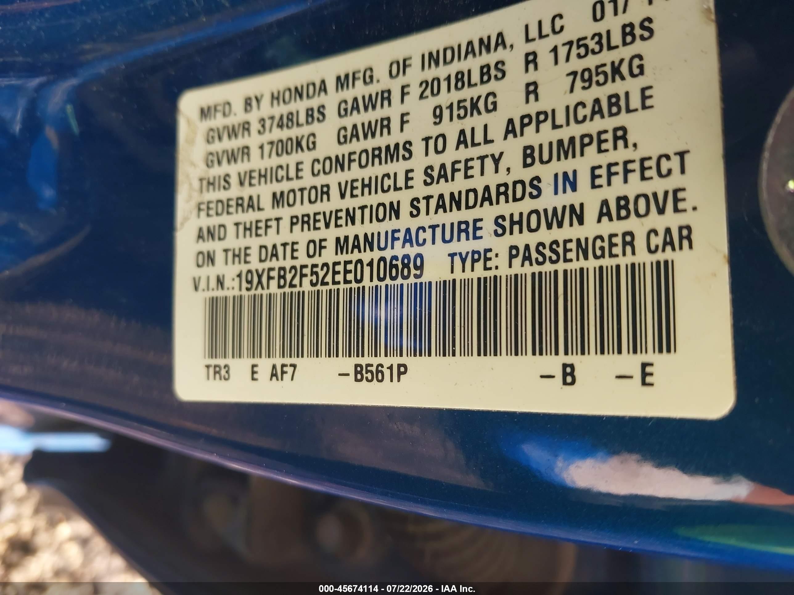 2014 Honda Civic Lx Синий vin: 19XFB2F52EE010689