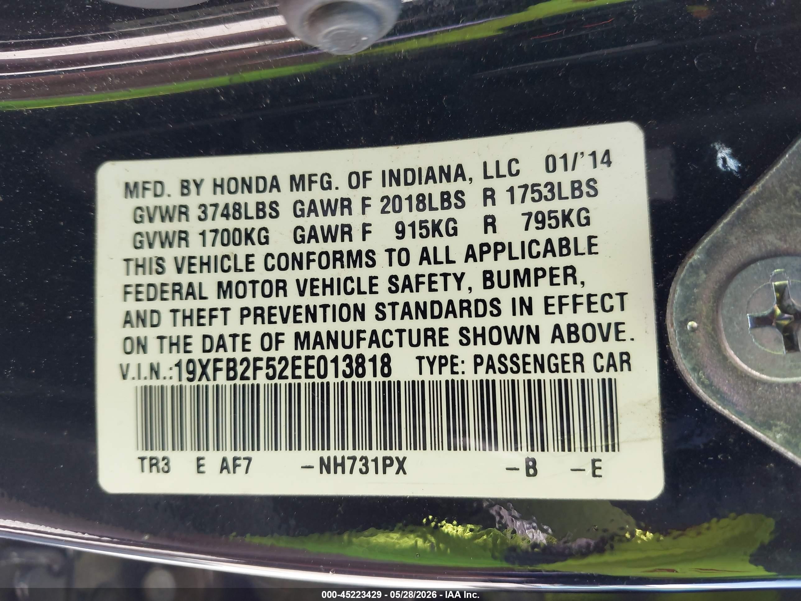 2014 Honda Civic Lx Черный vin: 19XFB2F52EE013818