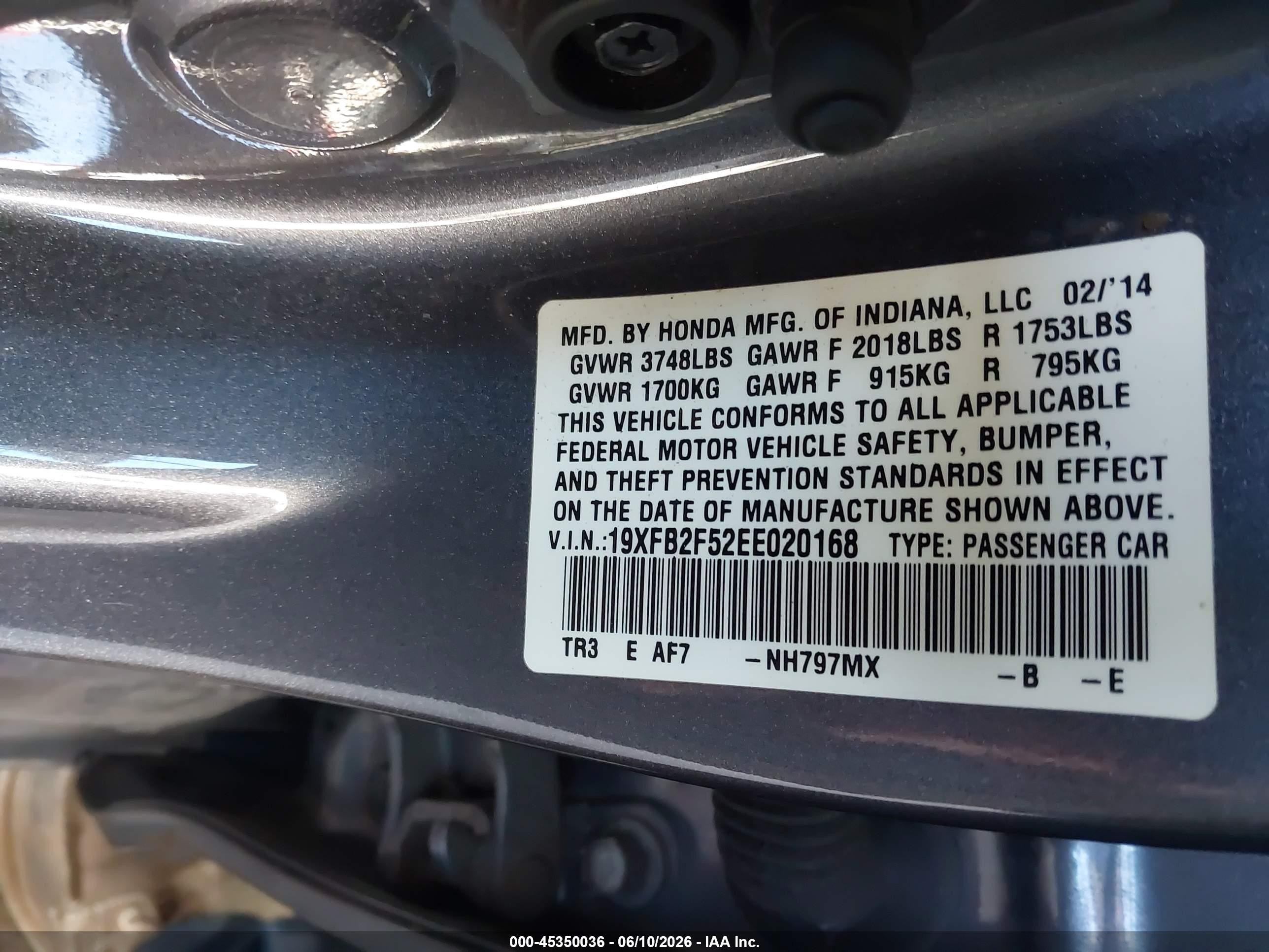 2014 Honda Civic Lx Gray vin: 19XFB2F52EE020168