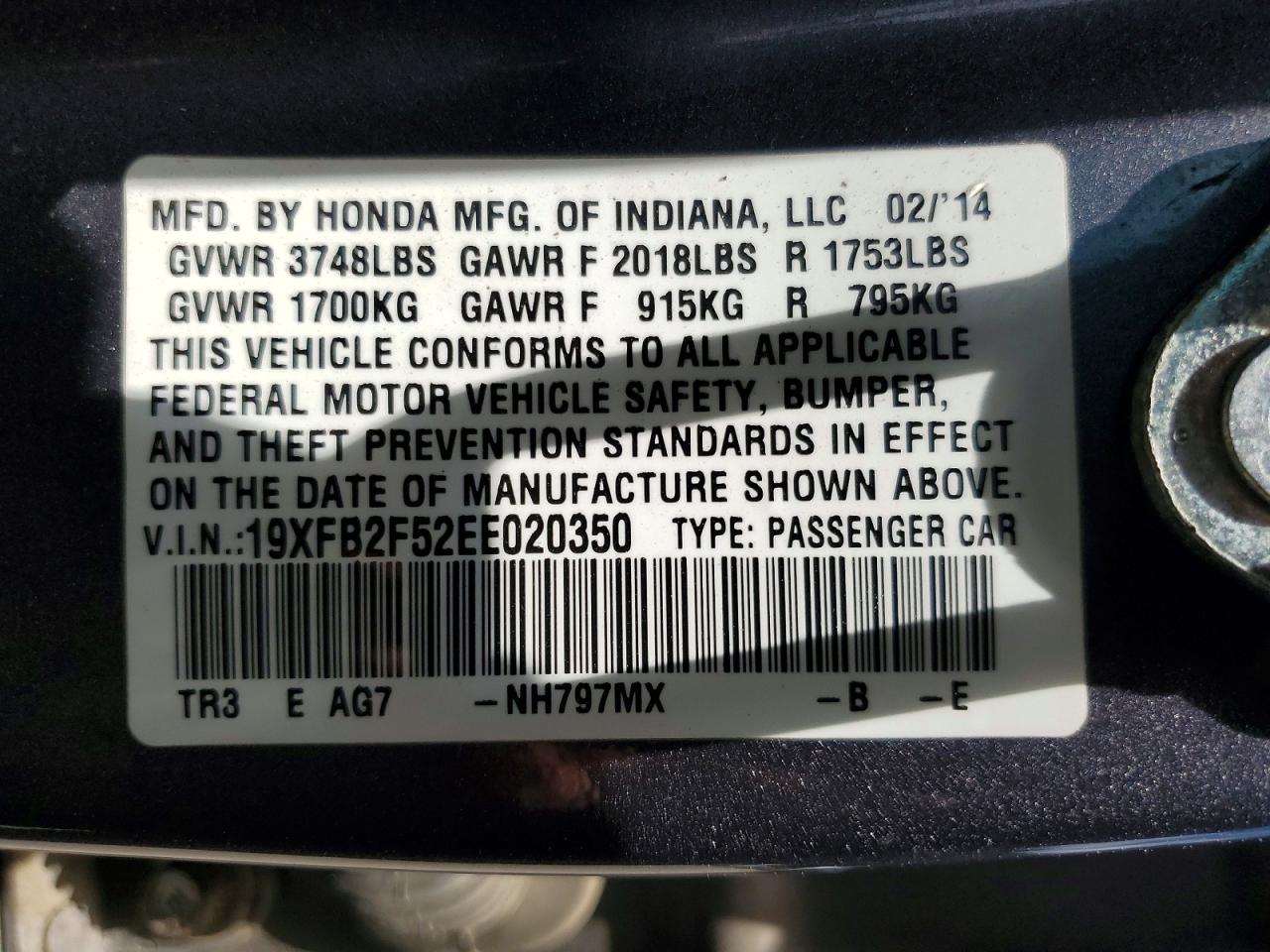 2014 Honda Civic Lx Gray vin: 19XFB2F52EE020350