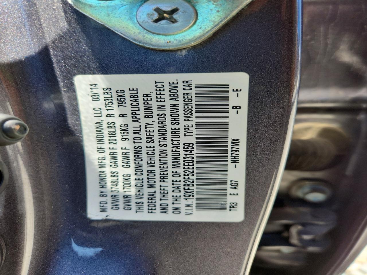 2014 Honda Civic Charcoal vin: 19XFB2F52EE031459