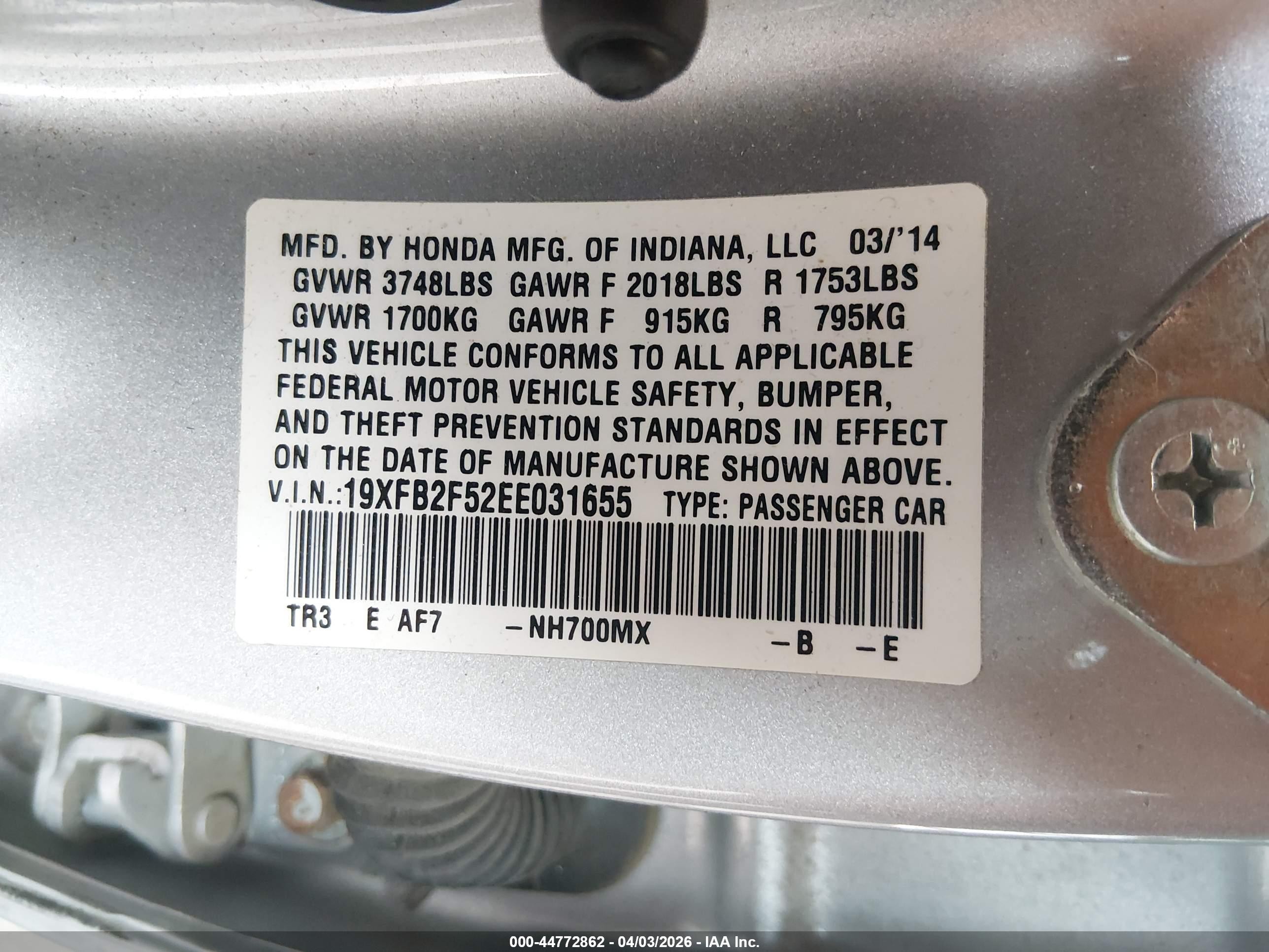 2014 Honda Civic Lx Silver vin: 19XFB2F52EE031655