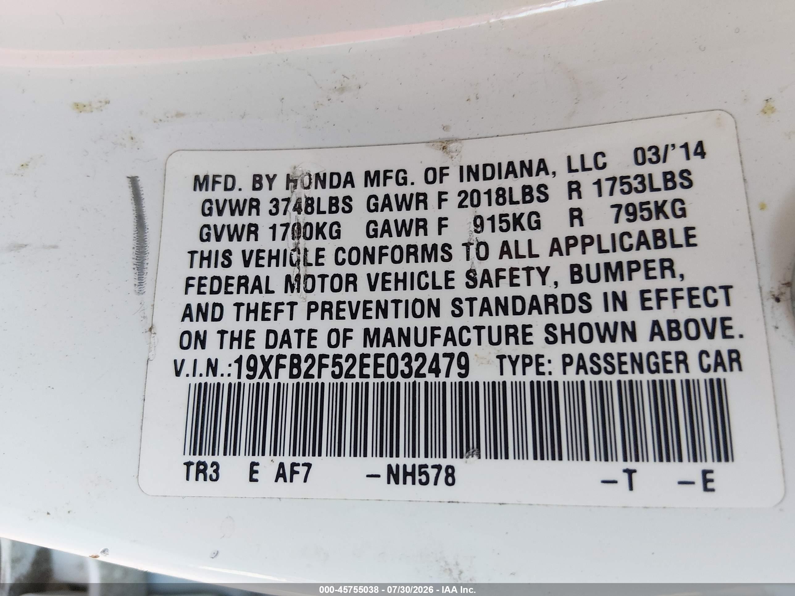 2014 Honda Civic Lx White vin: 19XFB2F52EE032479