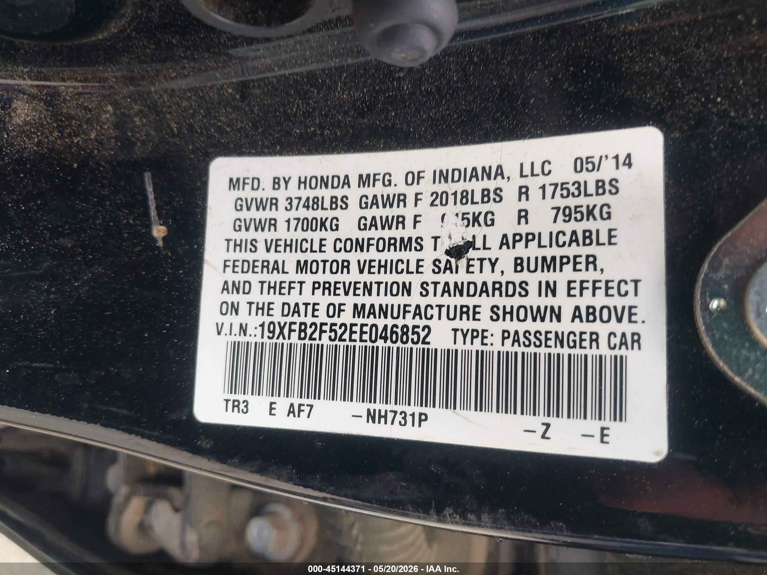 2014 Honda Civic Lx Black vin: 19XFB2F52EE046852