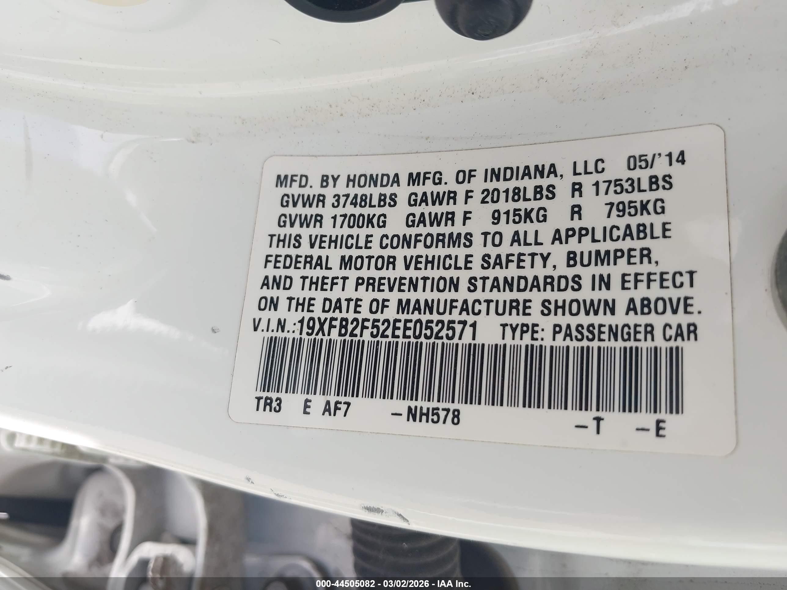 2014 Honda Civic Lx White vin: 19XFB2F52EE052571